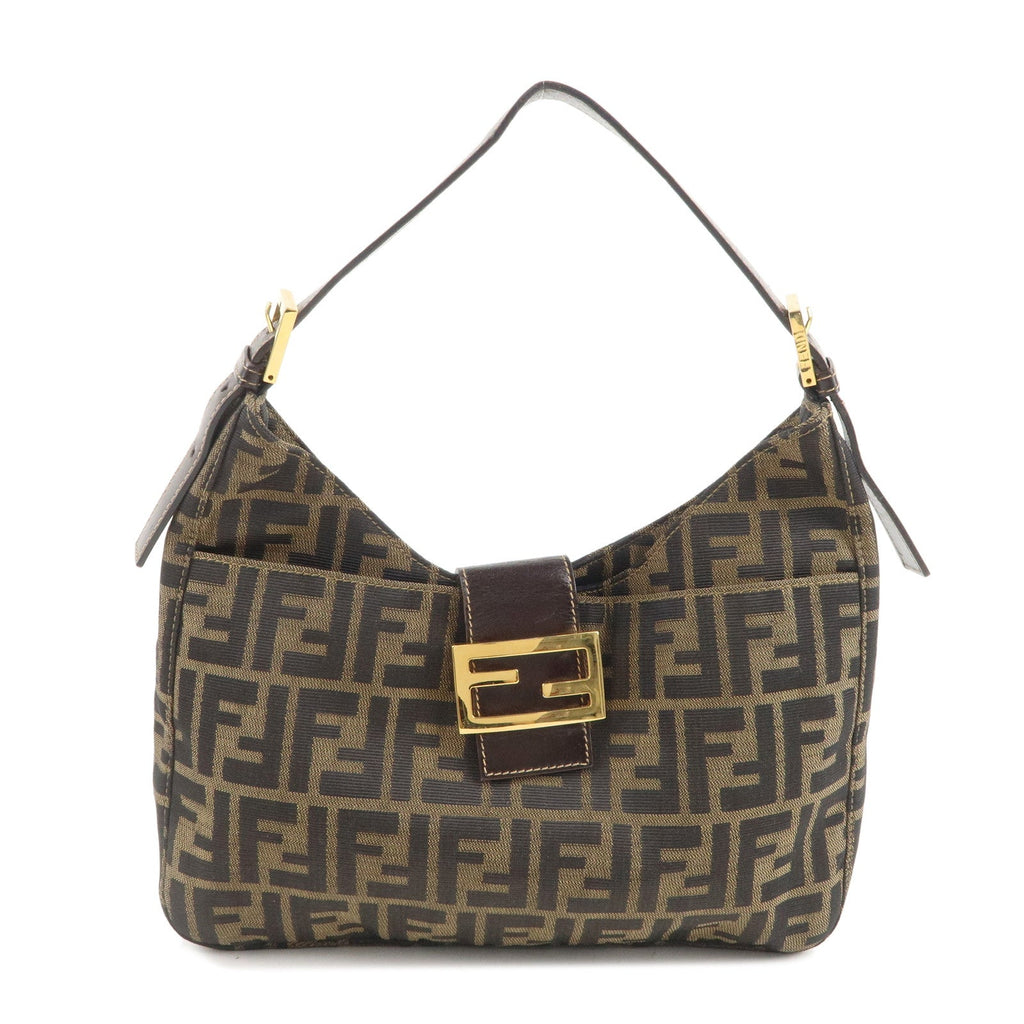 FENDI Zucca Canvas Leather Shoulder Bag Brown Black 26569