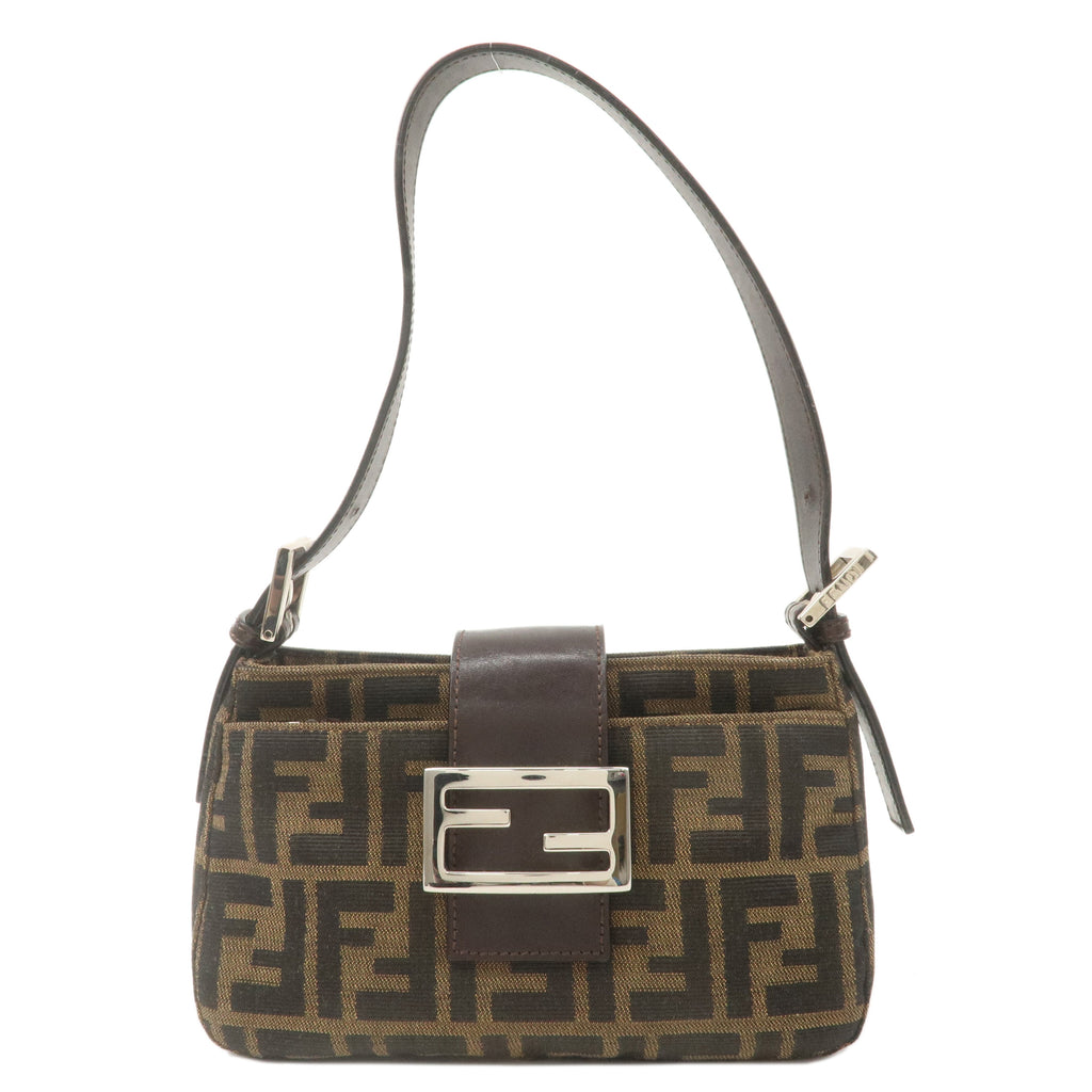 FENDI Zucca Canvas Leather Shoulder Bag Khaki Brown Black 26723