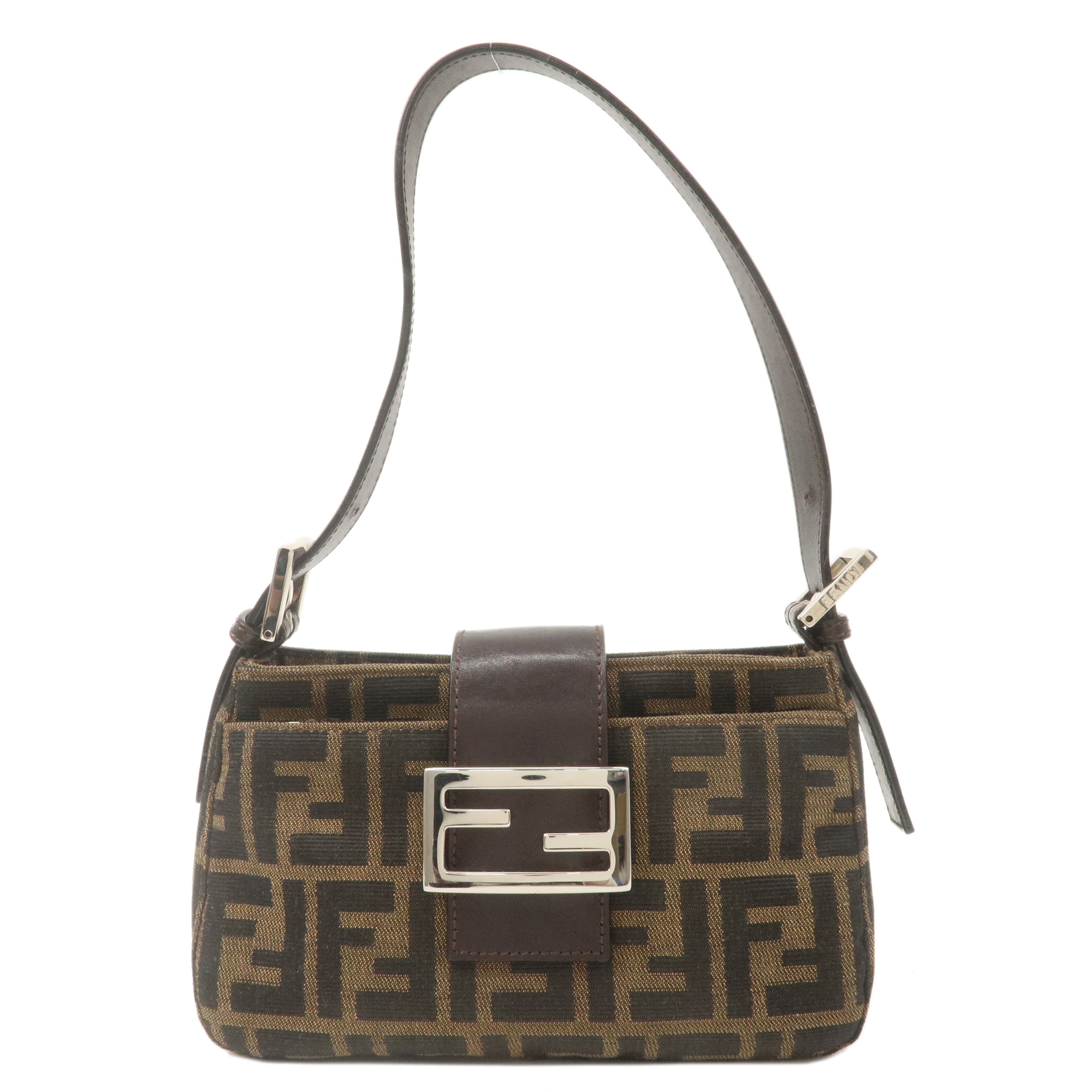 FENDI Zucca Canvas Leather Shoulder Bag Khaki Brown Black 26723