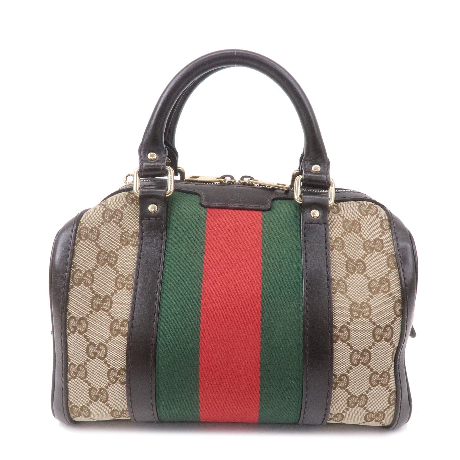 GUCCI Sherry GG Canvas Leather Boston Bag Beige Brown 269876
