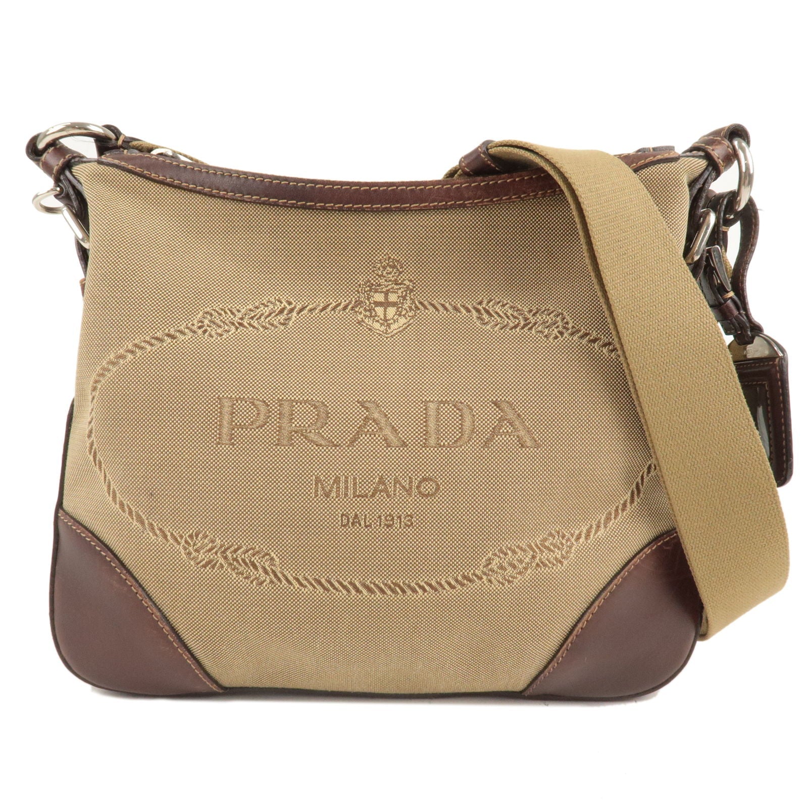 Prada Logo Jacquard Leather Shoulder Bag Beige Brown BT0533