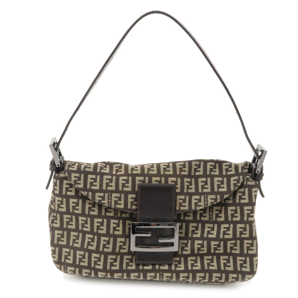FENDI Zucchino Canvas Leather Shoulder Bag Brown Beige 8BR003