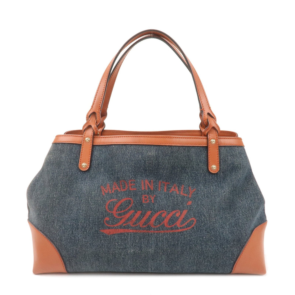 GUCCI Craft Denim Leather Tote Bag Hand Bag Navy Brown 348715
