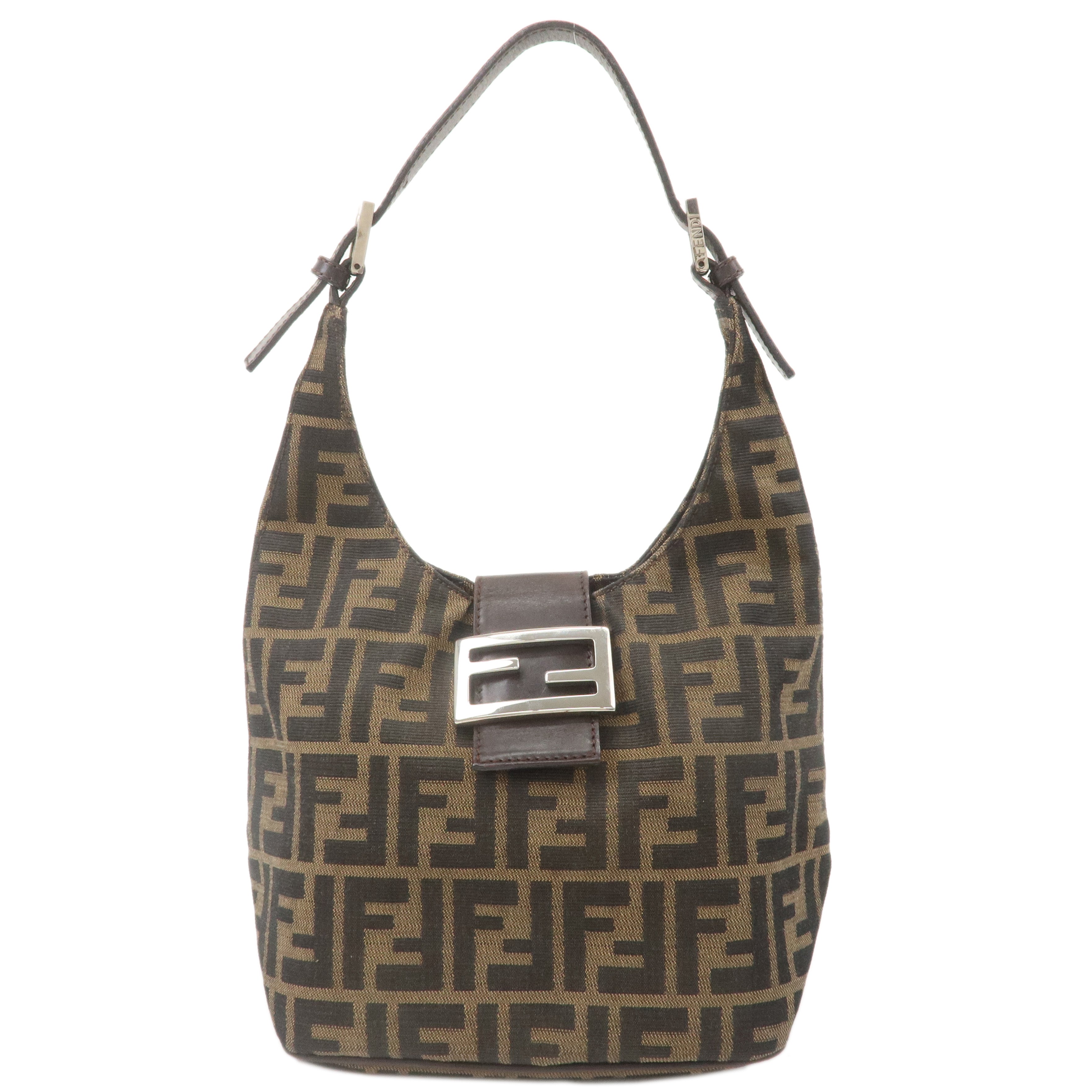 FENDI Zucca Canvas Leather Shoulder Bag Khaki Brown Black 26686