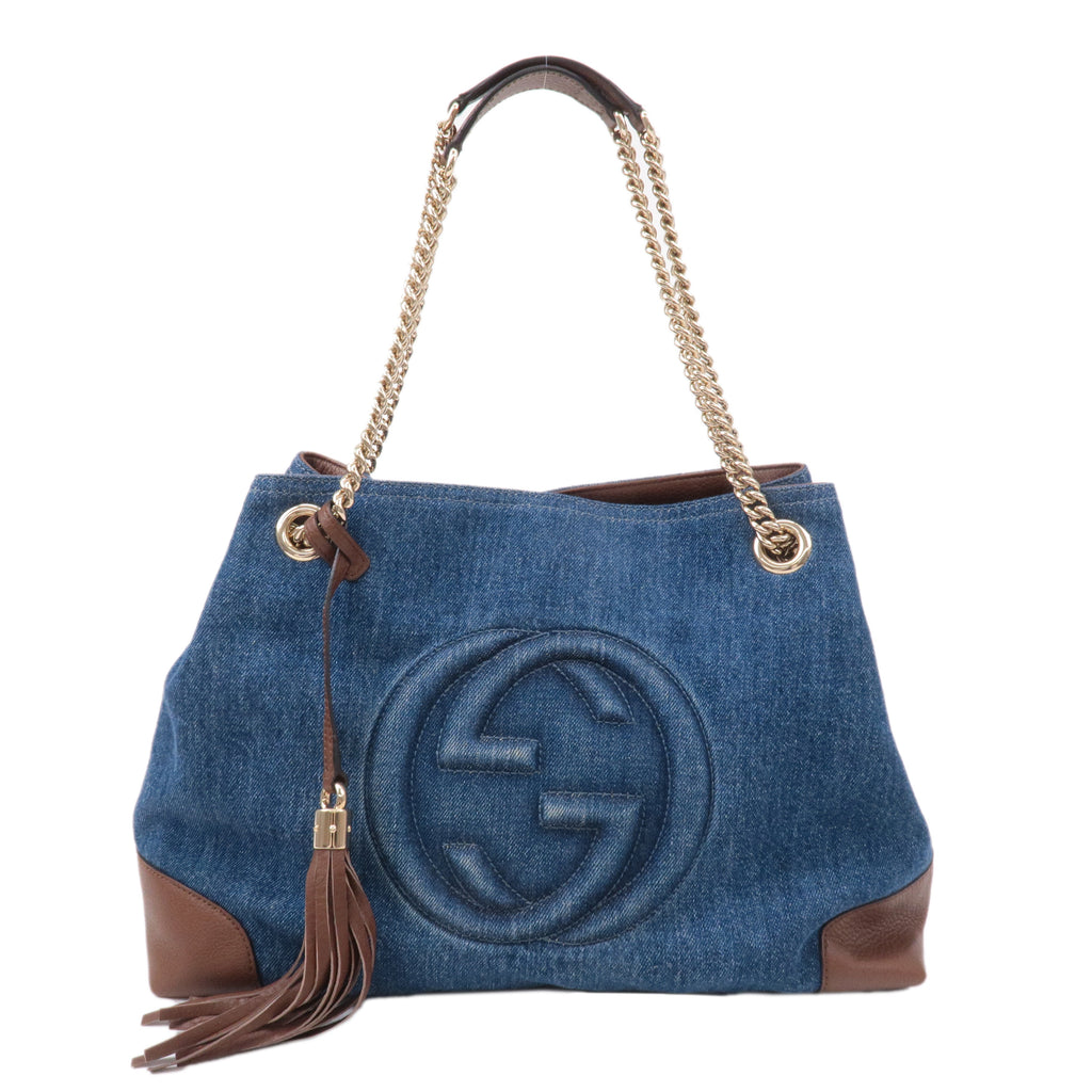 GUCCI SOHO Denim Leather Chain Shoulder Bag Blue Brown 308982