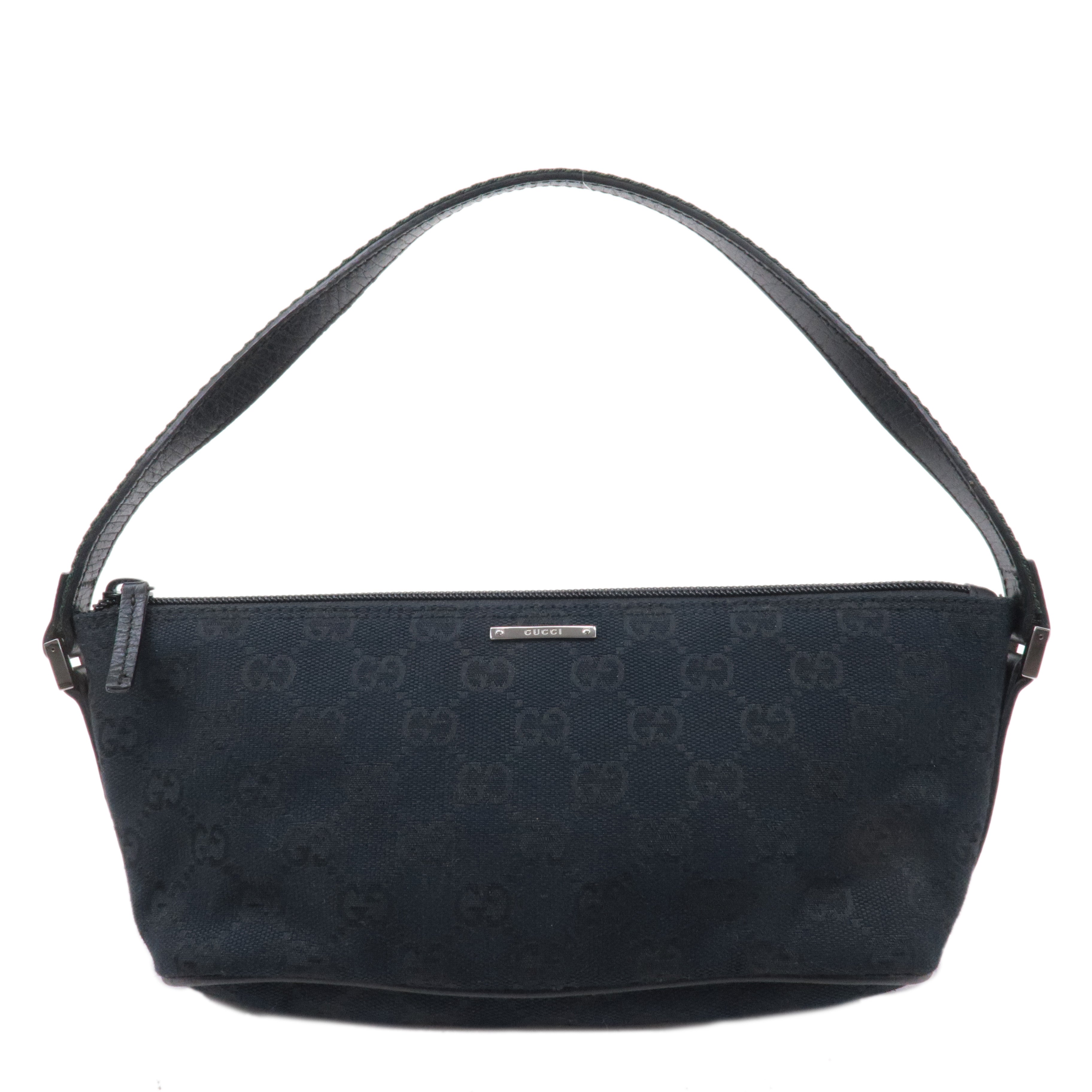 GUCCI Boat Bag Sherry GG Canvas Leather Pouch Black 141809