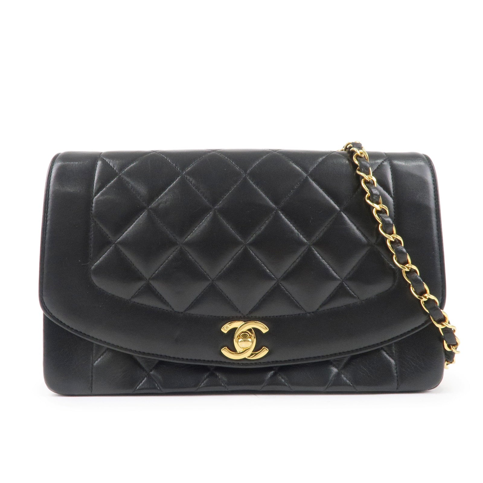 CHANEL Matelasse Lambskin Diana Chain Shoulder Bag Black A01165