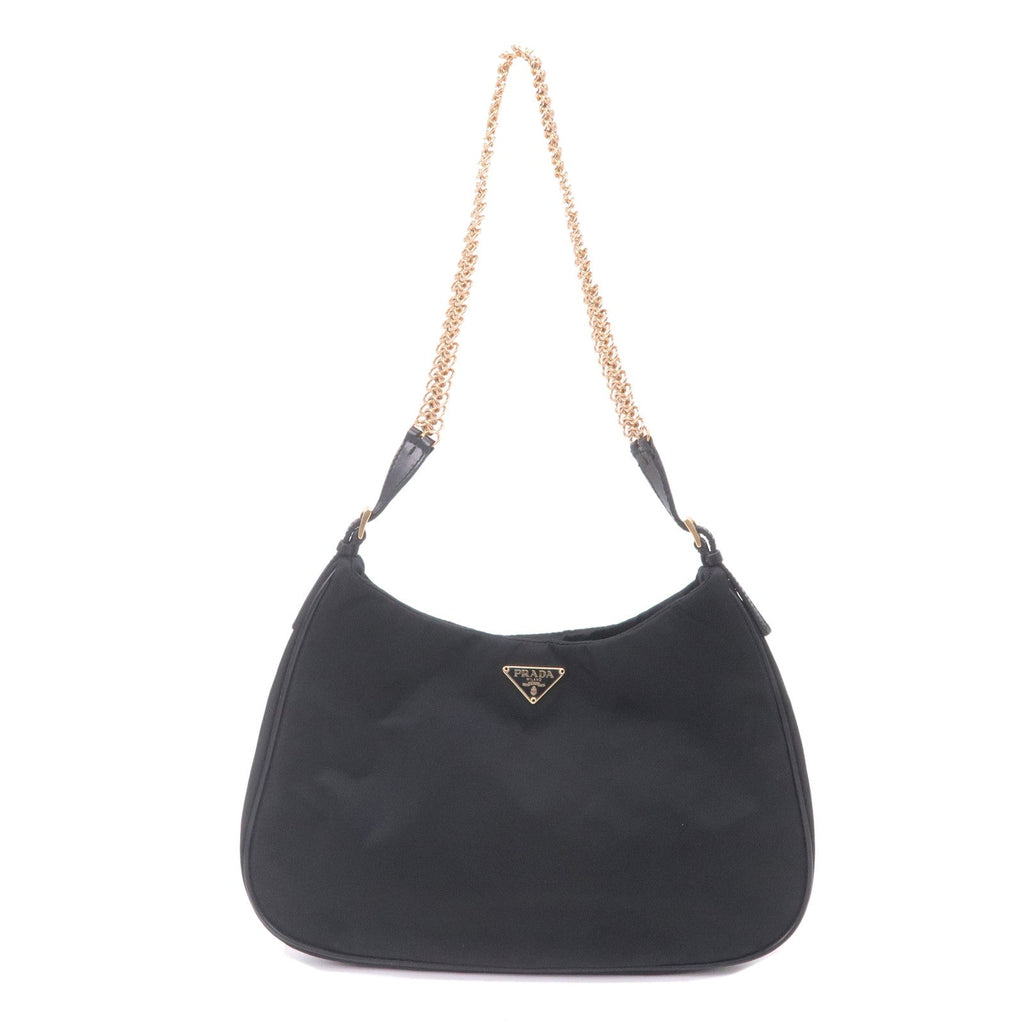 Prada Logo Nylon Leather Chain Shoulder Bag Purse Black BR0104