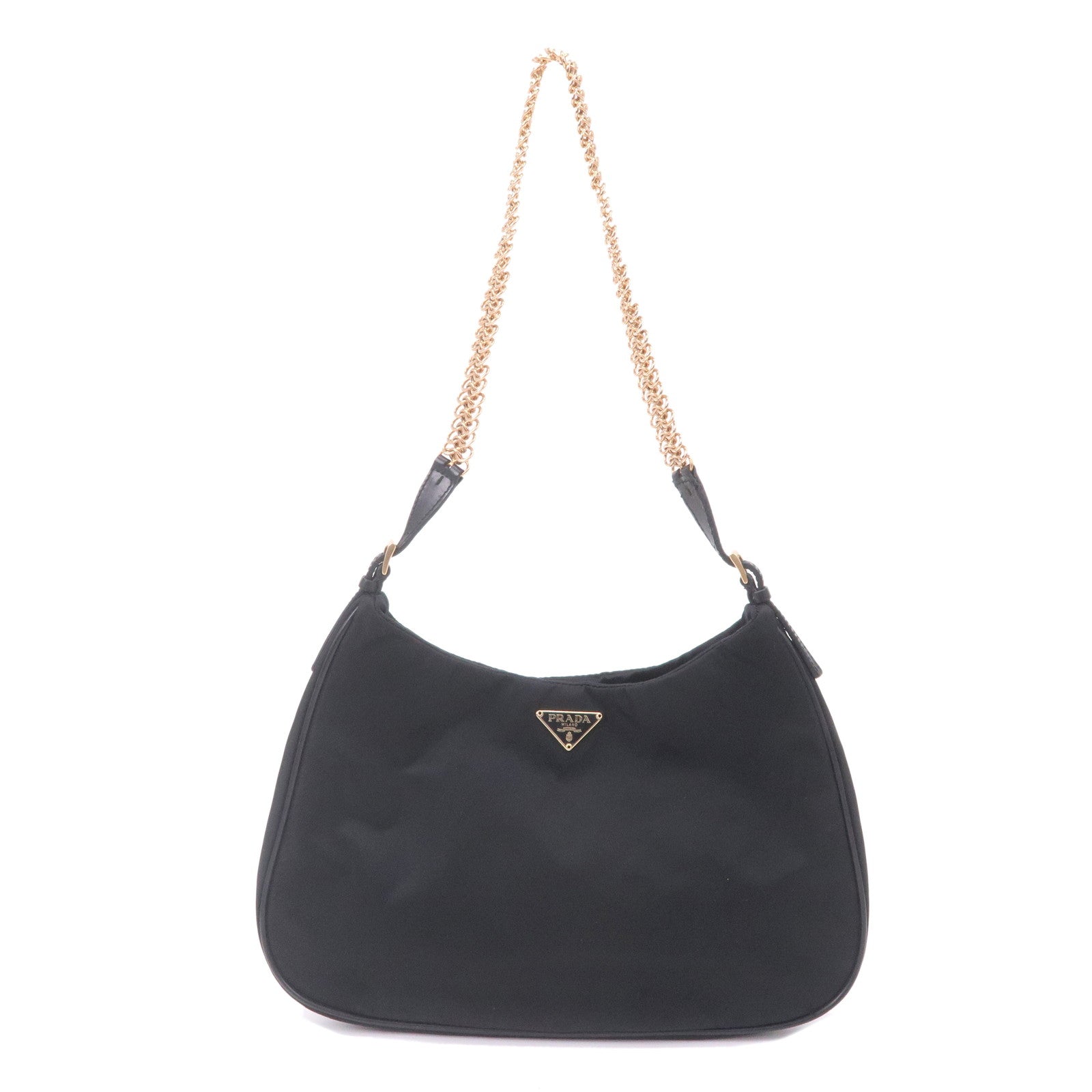 Prada Logo Nylon Leather Chain Shoulder Bag Purse Black BR0104
