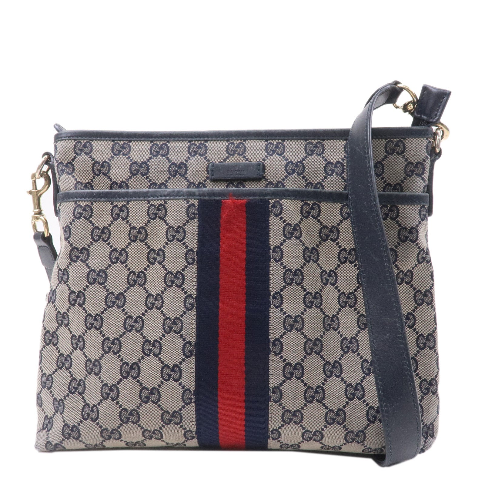 GUCCI Sherry GG Canvas Leather Shoulder Bag Navy Beige 388926