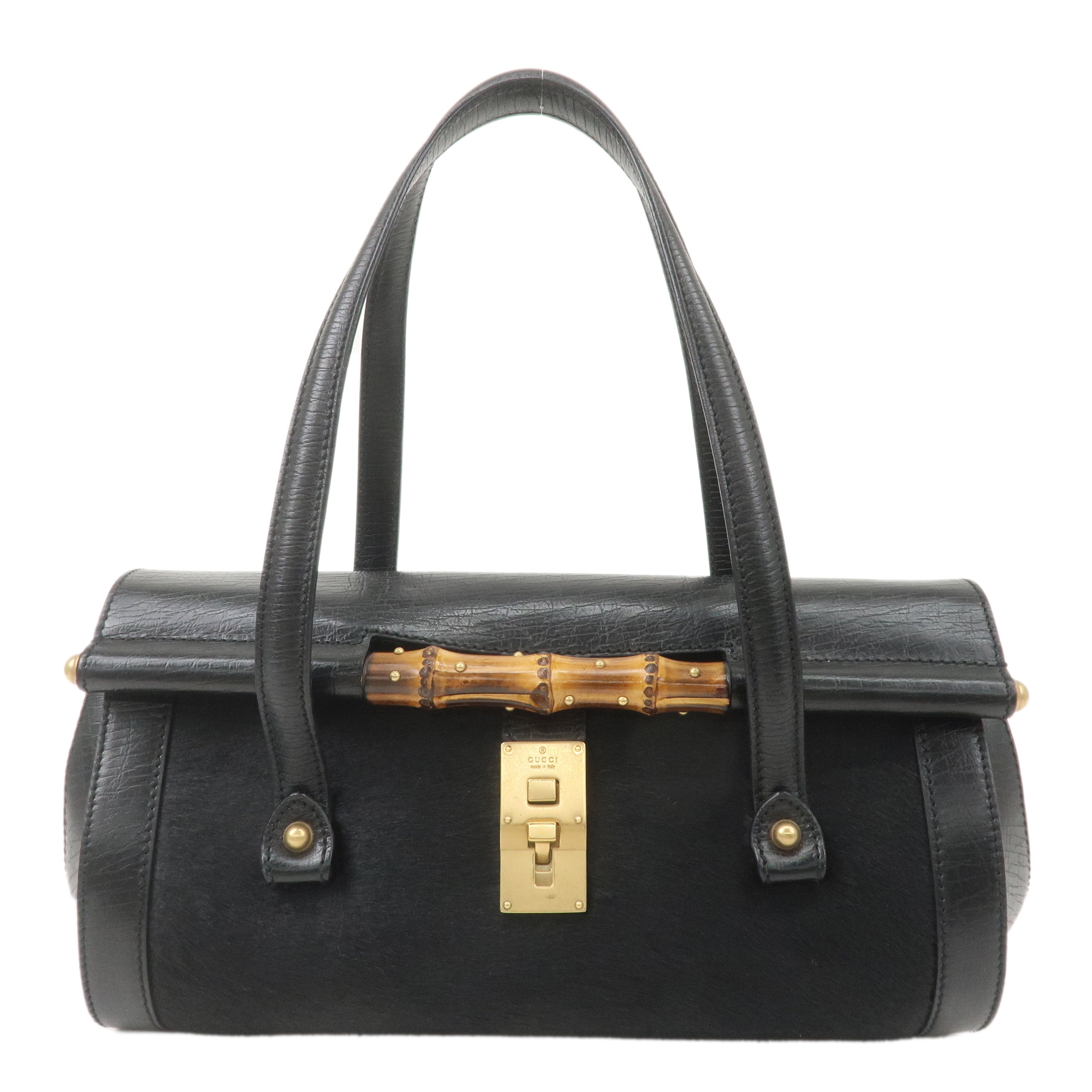 GUCCI Bamboo Leather Unborn Calf Boston Bag Black 114993