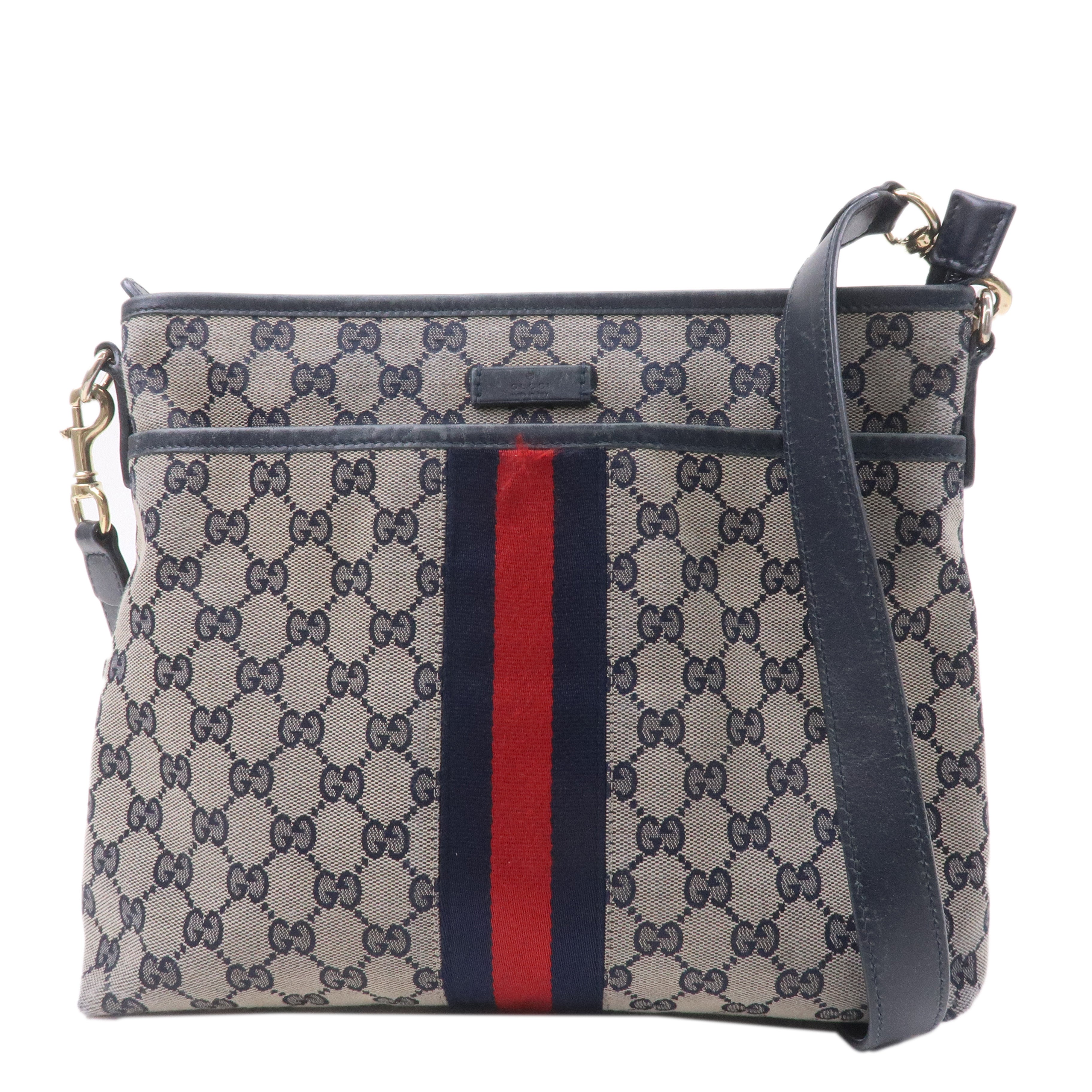 GUCCI Sherry GG Canvas Leather Shoulder Bag Navy Beige 388926