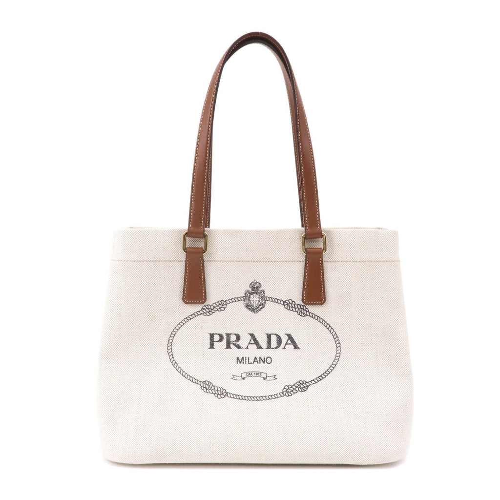 Prada Logo Canvas Linen Leather Tote Bag Ivory Brown IBG356
