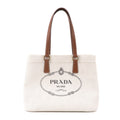 Prada Logo Canvas Linen Leather Tote Bag Ivory Brown IBG356