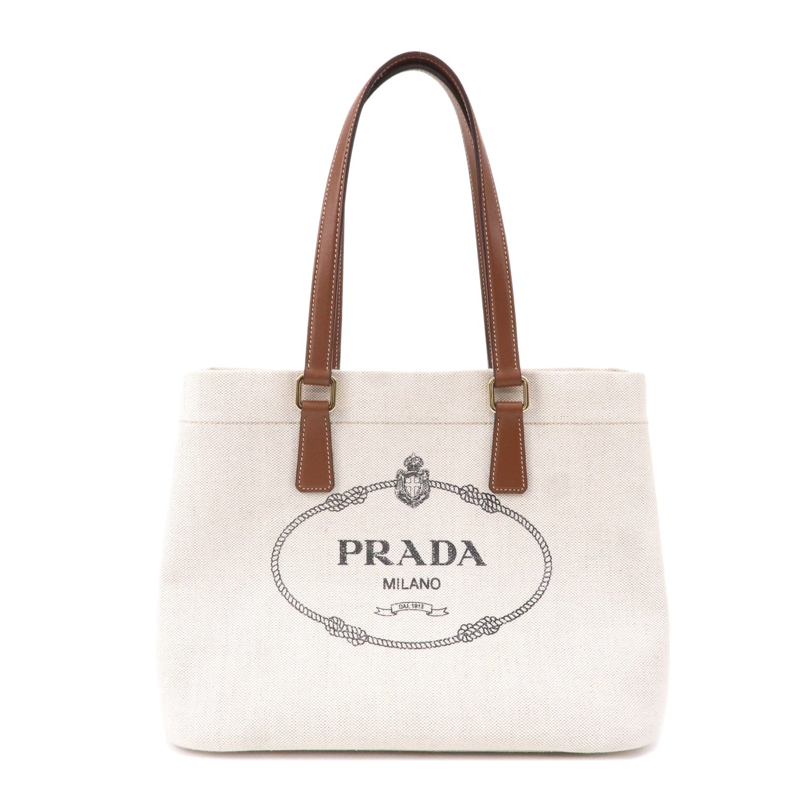 Prada Logo Canvas Linen Leather Tote Bag Ivory Brown IBG356