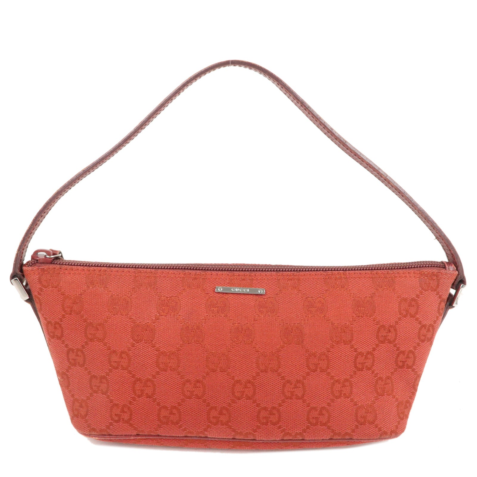 GUCCI Boat Bag GG Canvas Leather Hand Bag Pouch Red 07198
