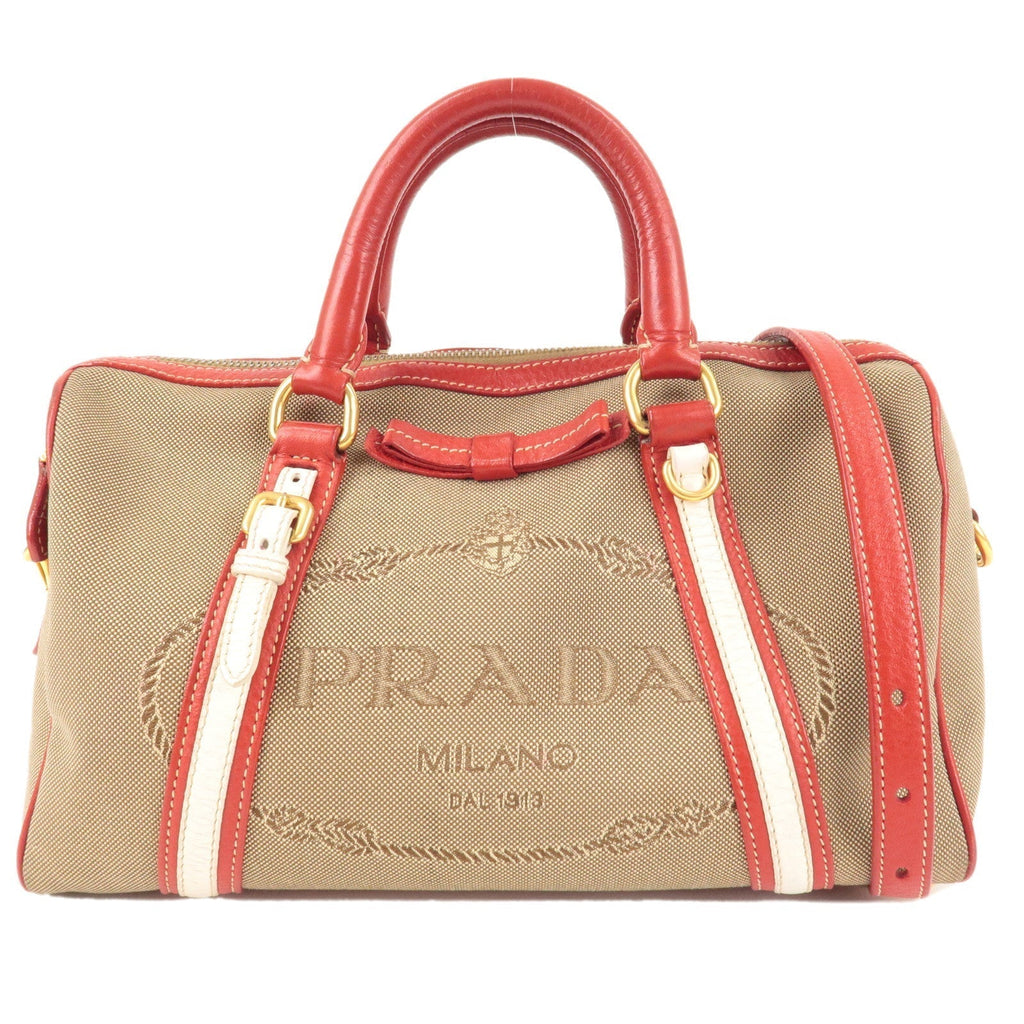 Prada Logo Jacquard Canvas Leather 2Way Shoulder Bag Beige Red