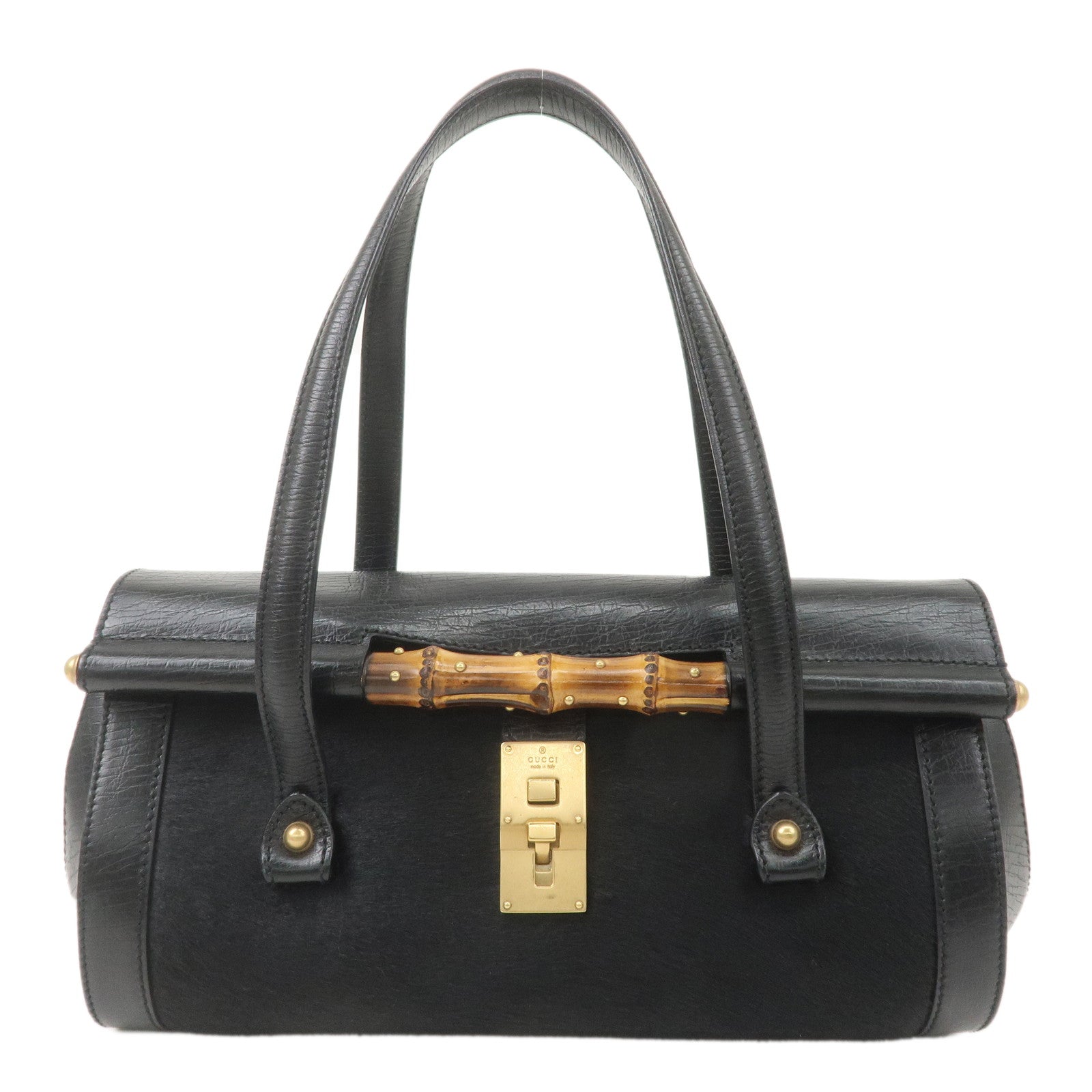 GUCCI Bamboo Leather Unborn Calf Boston Bag Black 114993