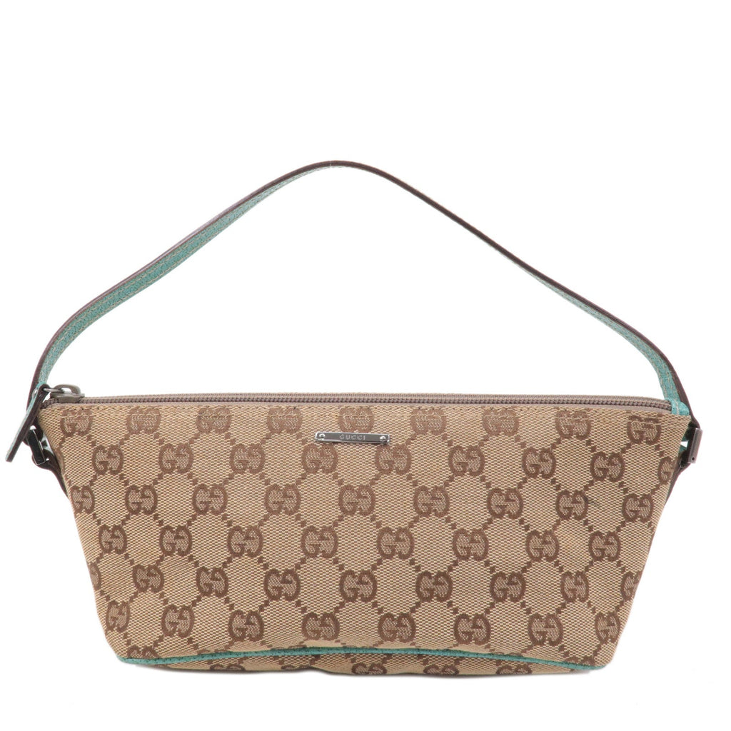 GUCCI Boat Bag GG Canvas Leather Pouch Emerald Green Beige 07198