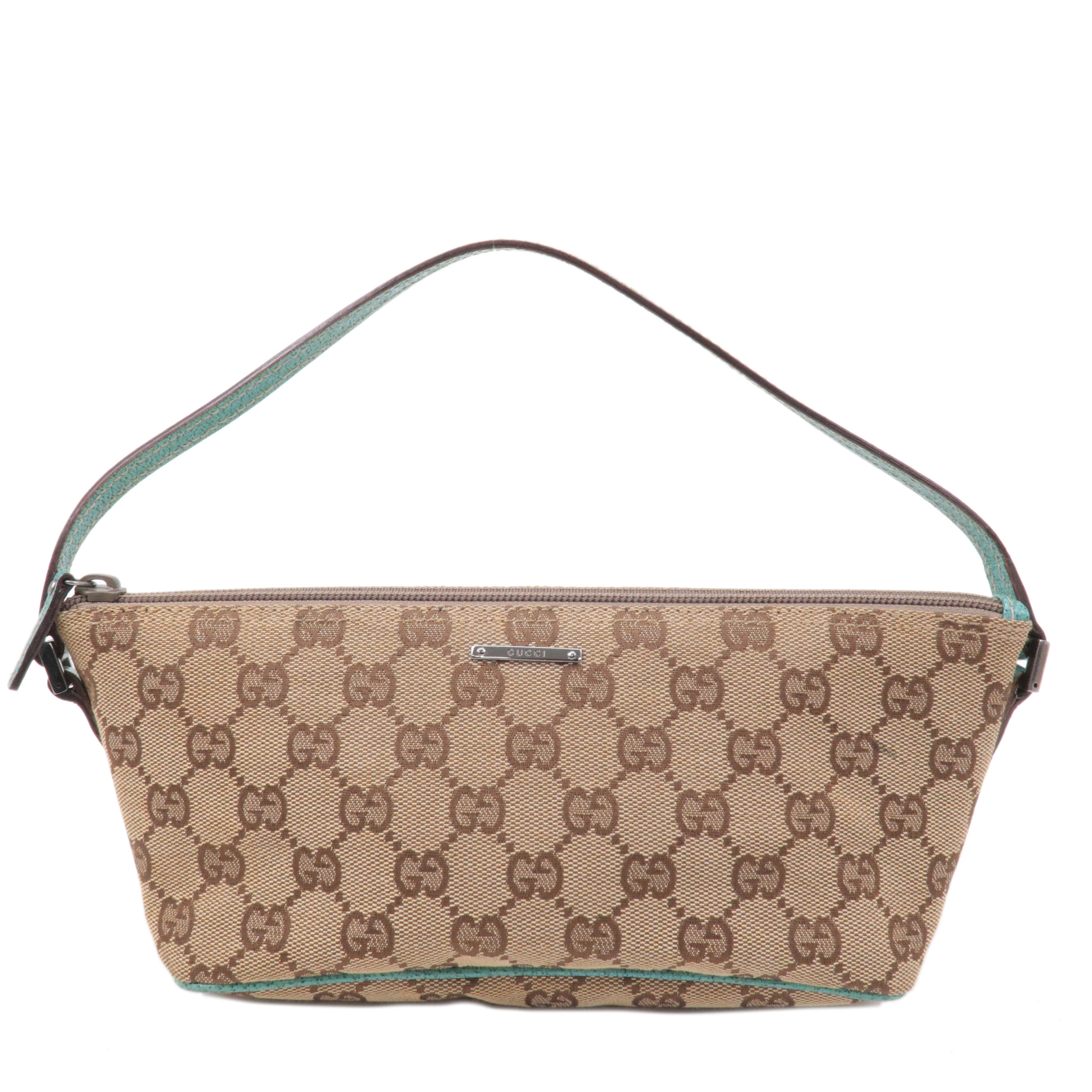 GUCCI Boat Bag GG Canvas Leather Pouch Emerald Green Beige 07198