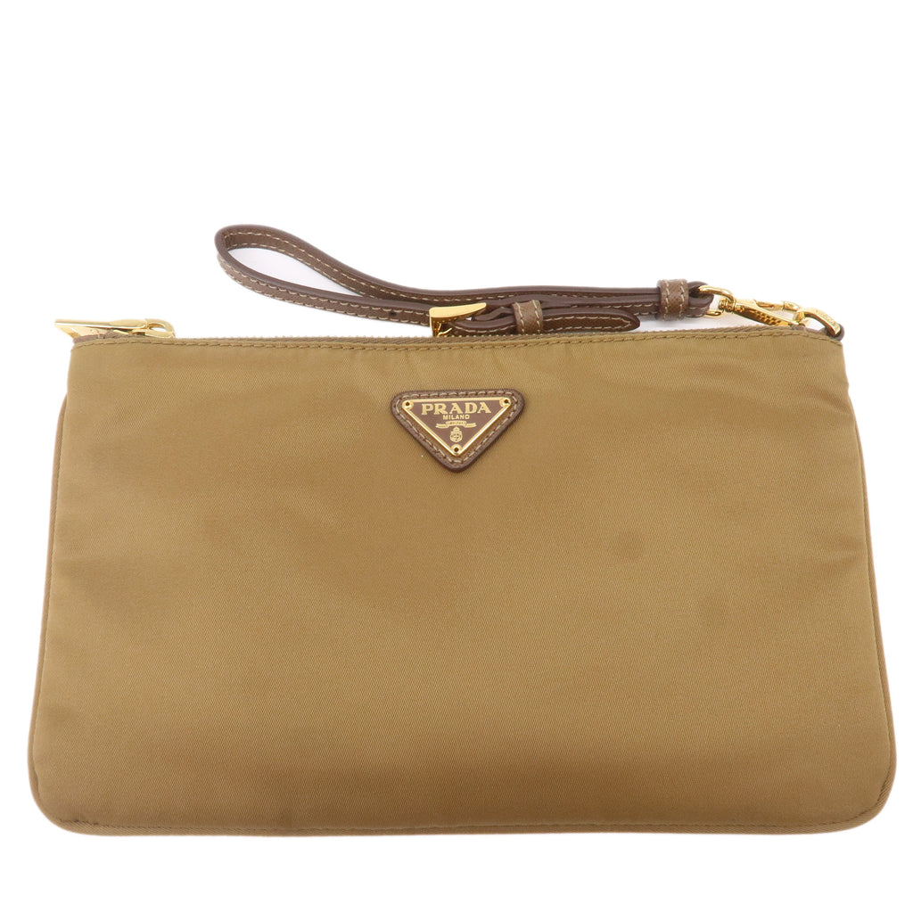 Prada Logo Nylon Leather Clutch Bag Pouch Brown