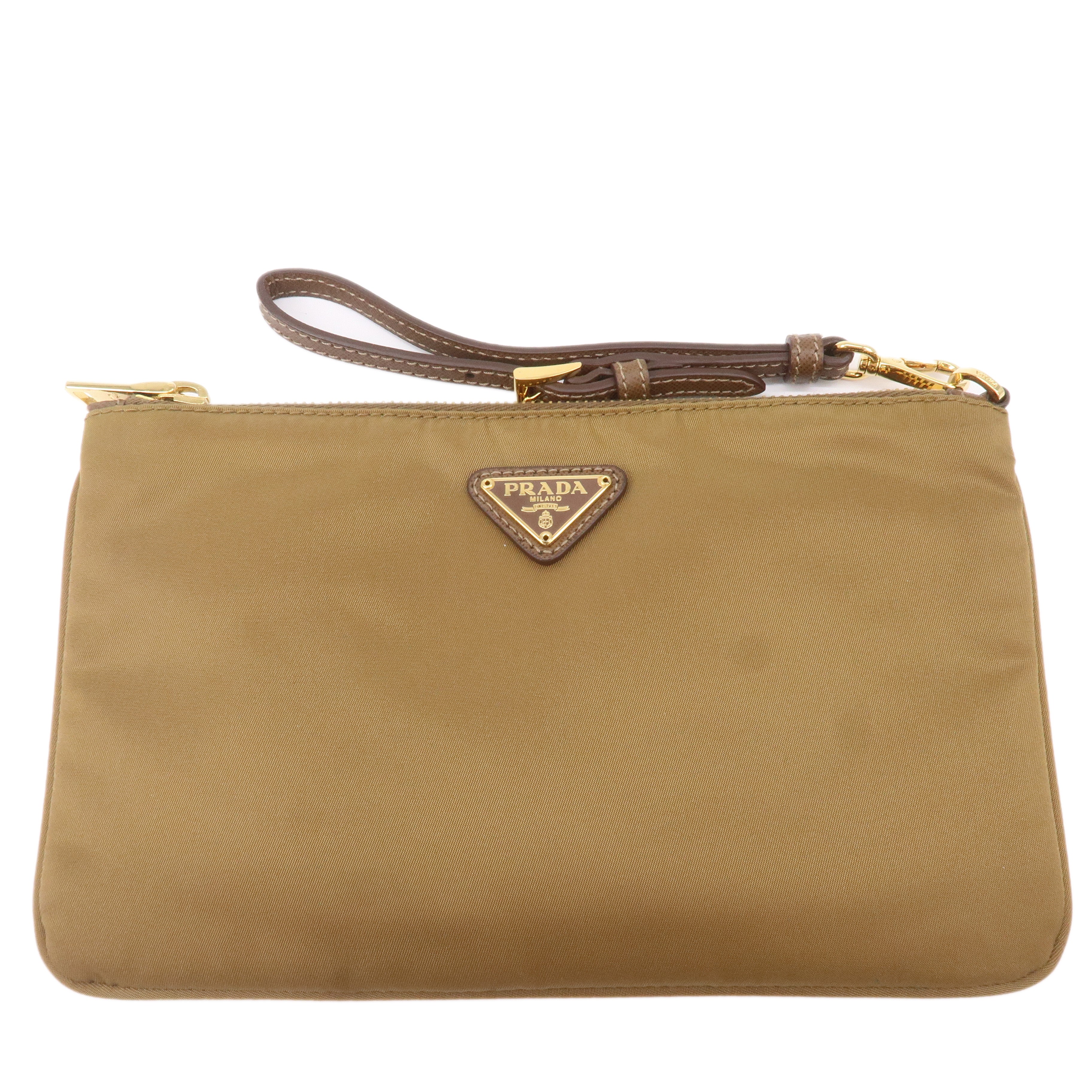 Prada Logo Nylon Leather Clutch Bag Pouch Brown