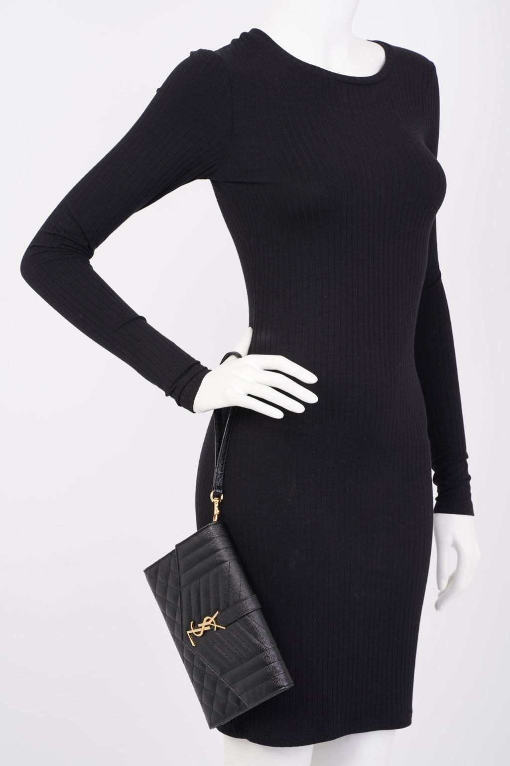 Saint Laurent YSL-Plaque Quilted Pouch Black Grained Leather