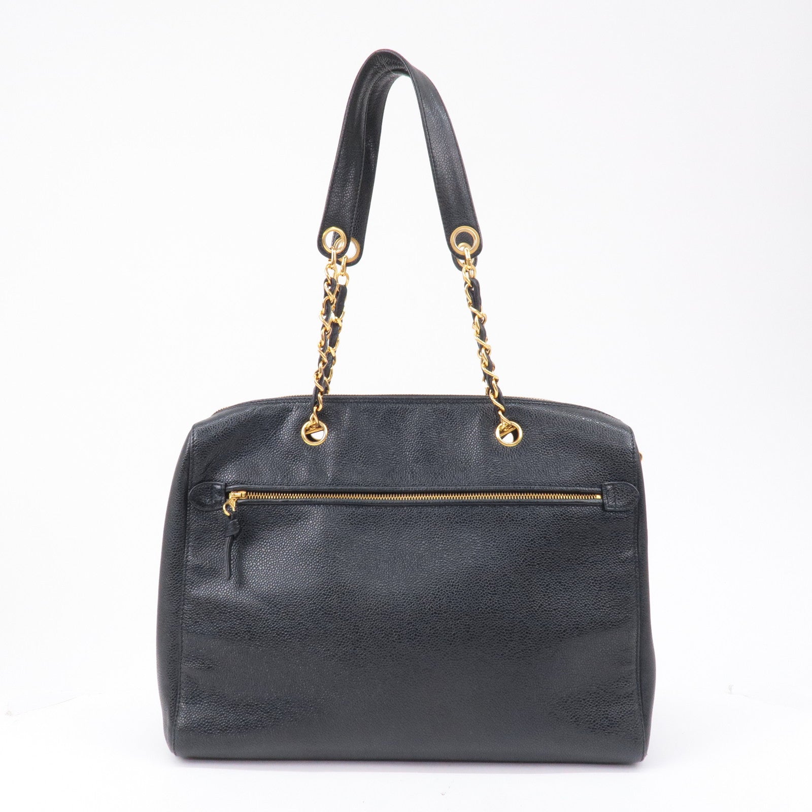 CHANEL Caviar Skin Chain Tote Bag Shoulder Bag Gold Black