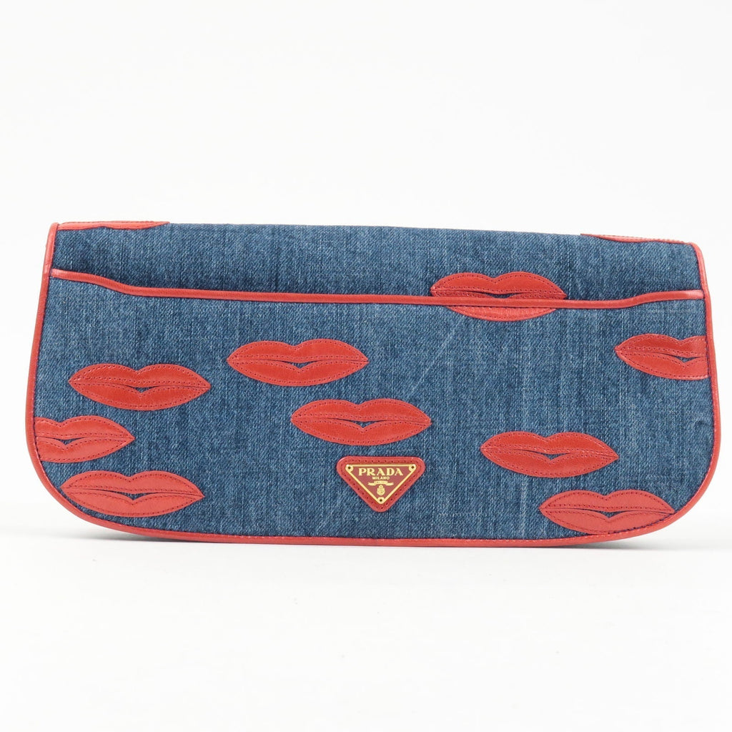 Prada Denim Leather Lip Motif Clutch Bag Pouch Blue BP489B