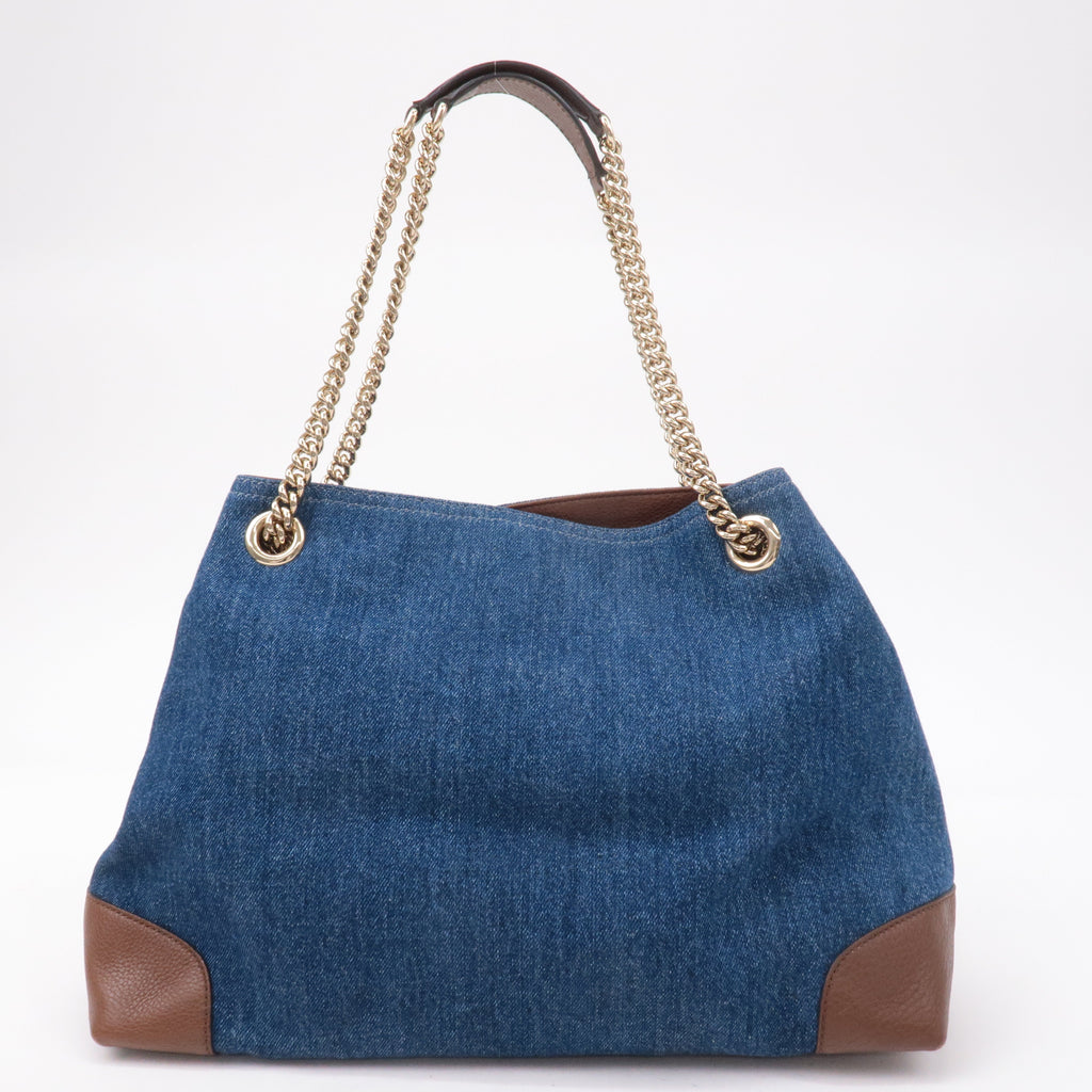 GUCCI SOHO Denim Leather Chain Shoulder Bag Blue Brown 308982