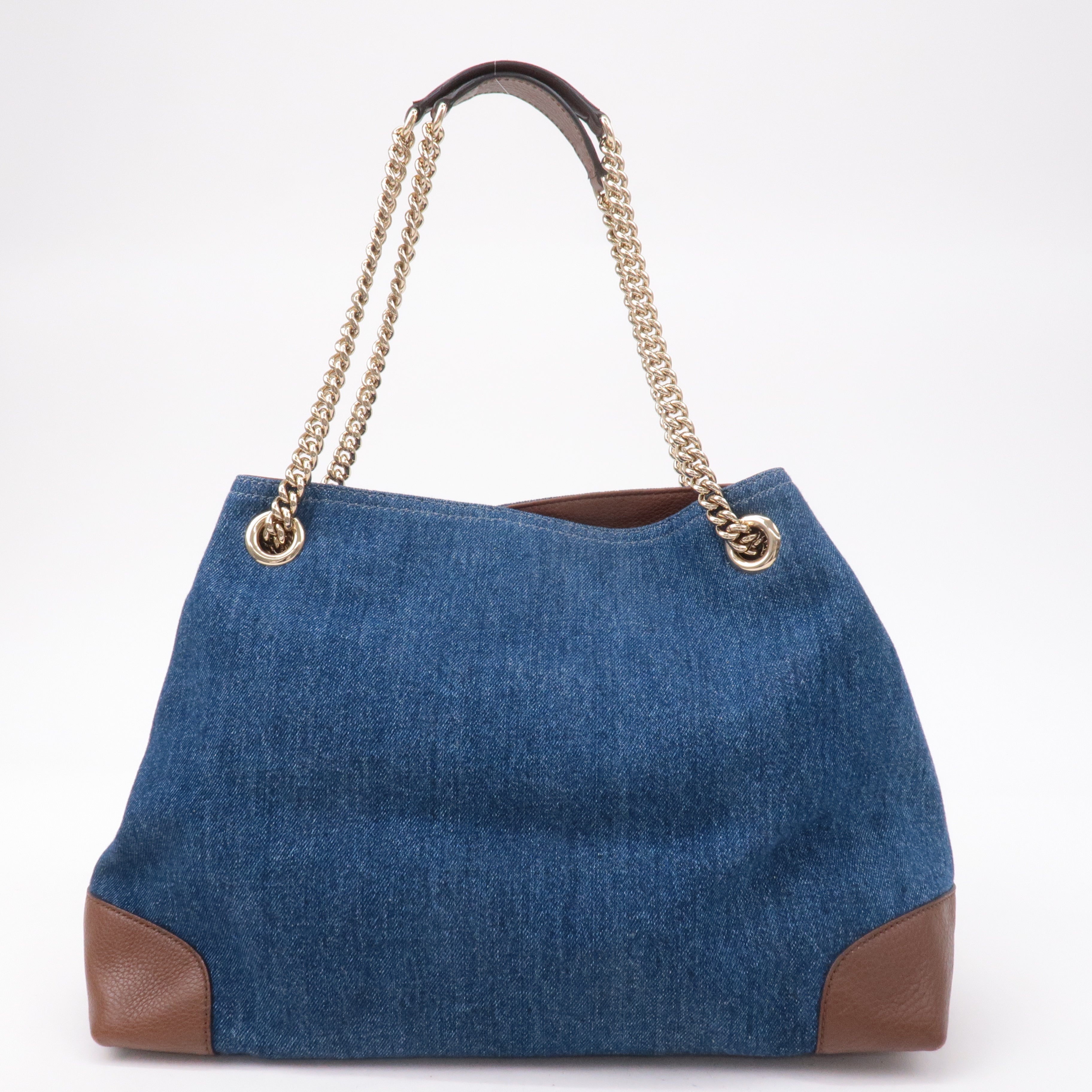 GUCCI SOHO Denim Leather Chain Shoulder Bag Blue Brown 308982