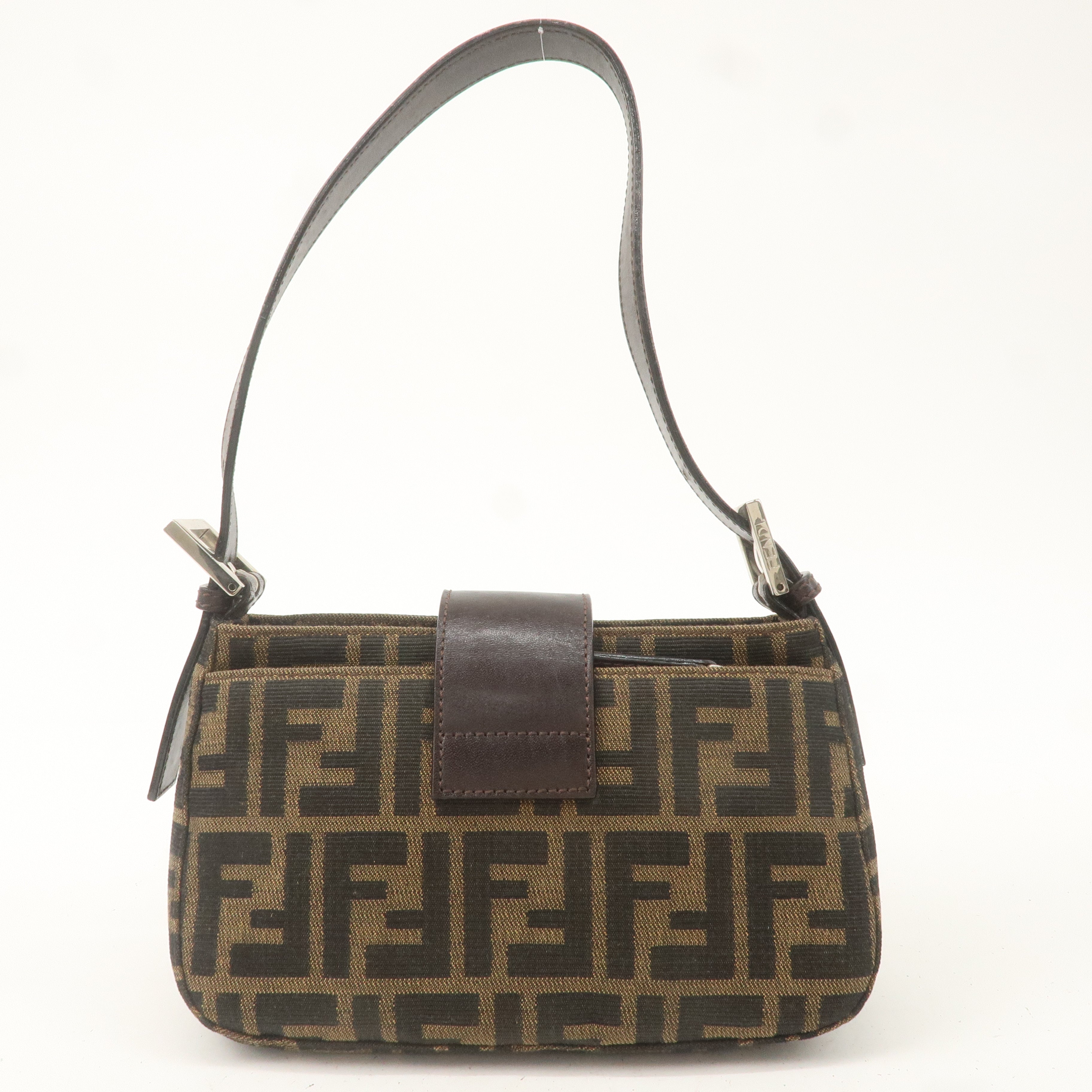FENDI Zucca Canvas Leather Shoulder Bag Khaki Brown Black 26723