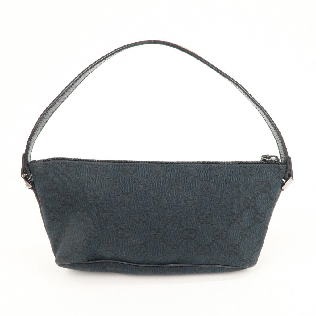 GUCCI Boat Bag Sherry GG Canvas Leather Pouch Black 141809