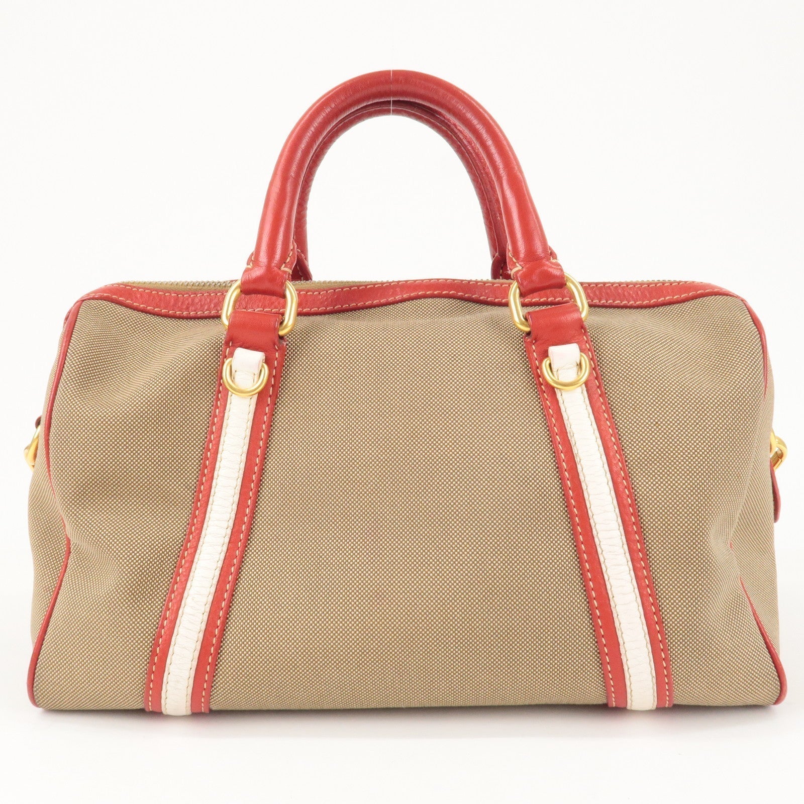 Prada Logo Jacquard Canvas Leather 2Way Shoulder Bag Beige Red