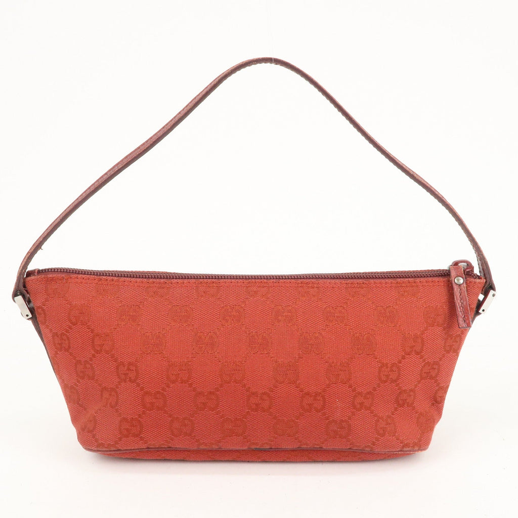 GUCCI Boat Bag GG Canvas Leather Hand Bag Pouch Red 07198