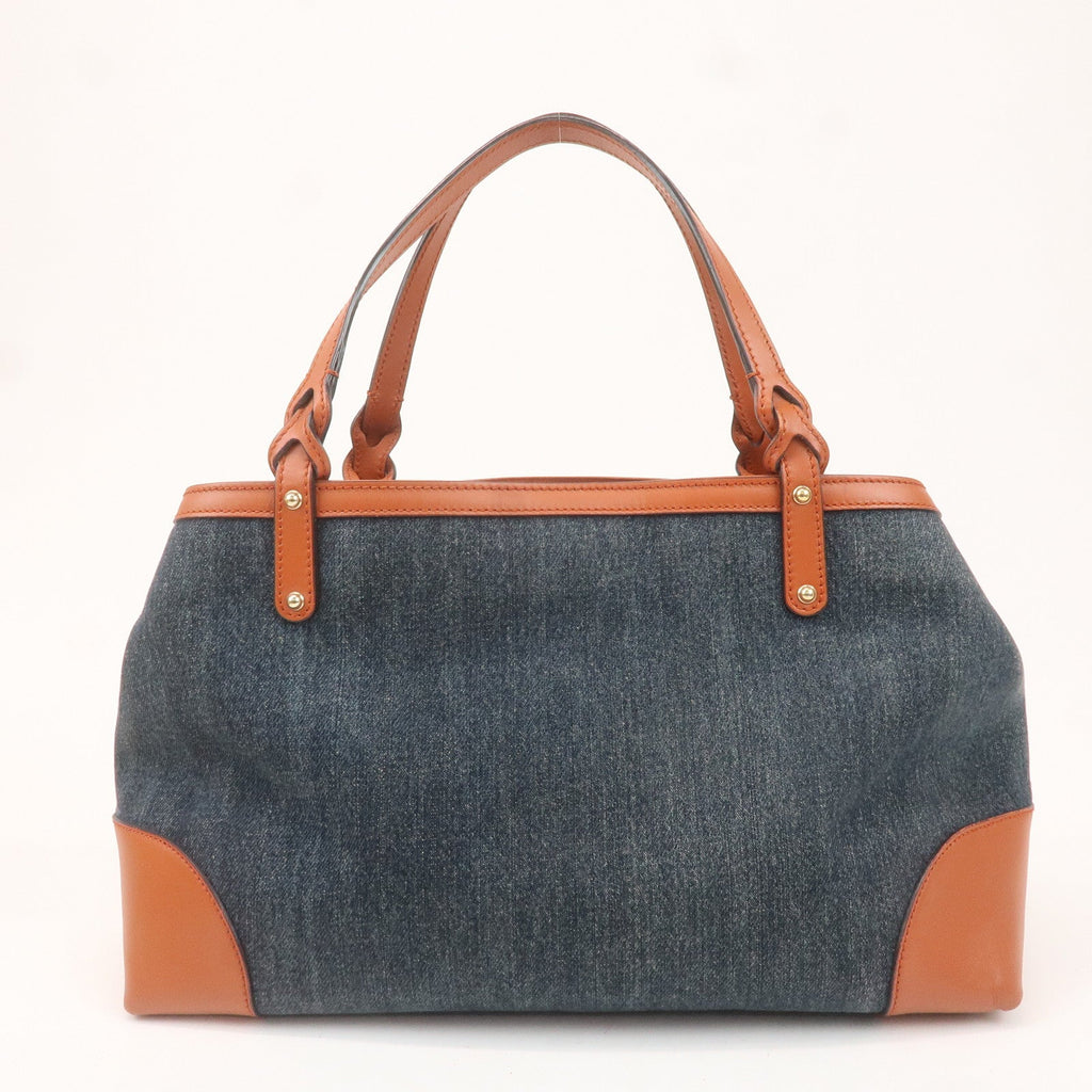 GUCCI Craft Denim Leather Tote Bag Hand Bag Navy Brown 348715
