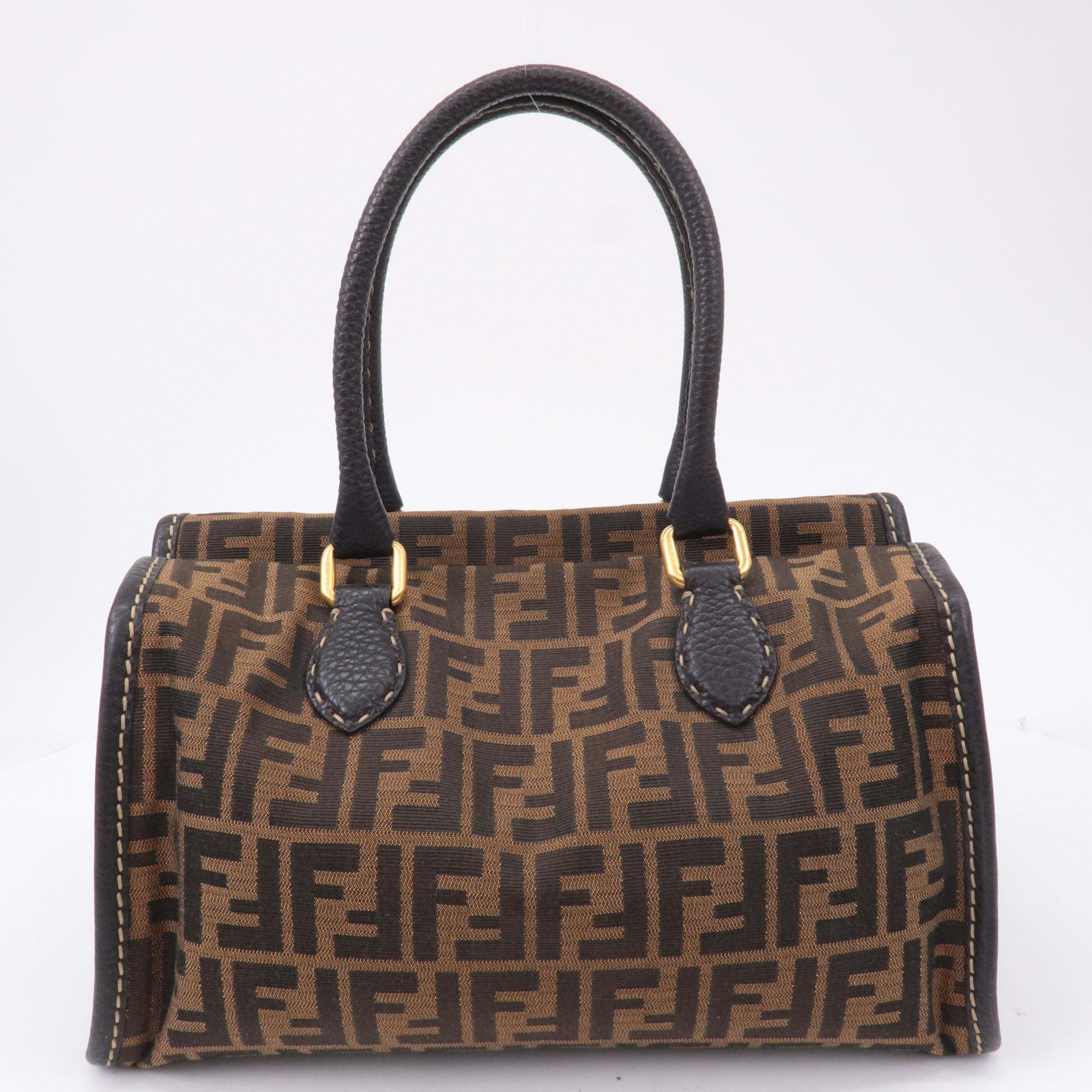 FENDI Selleria Zucca Canvas Leather Hand Bag Brown Black 8BN218