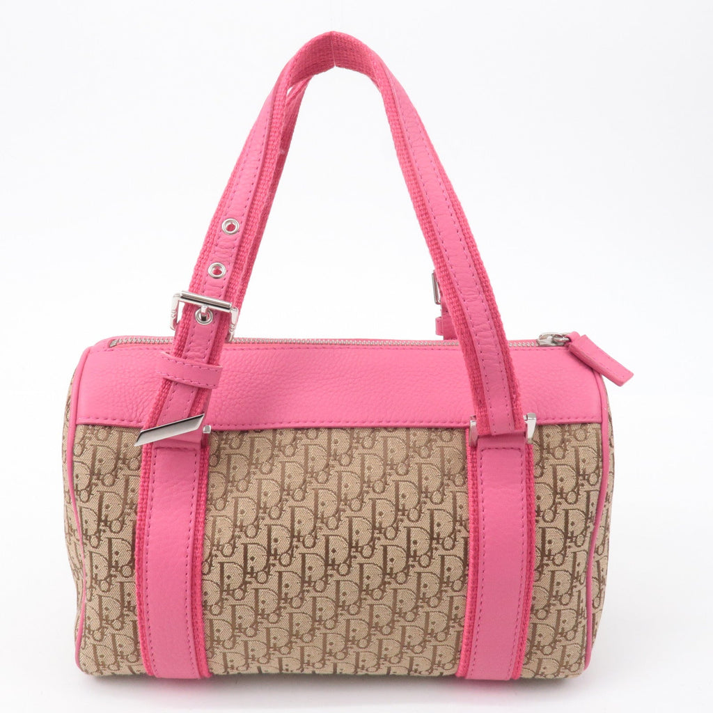 Christian Dior Trotter Canvas Leather Boston Bag Beige Pink