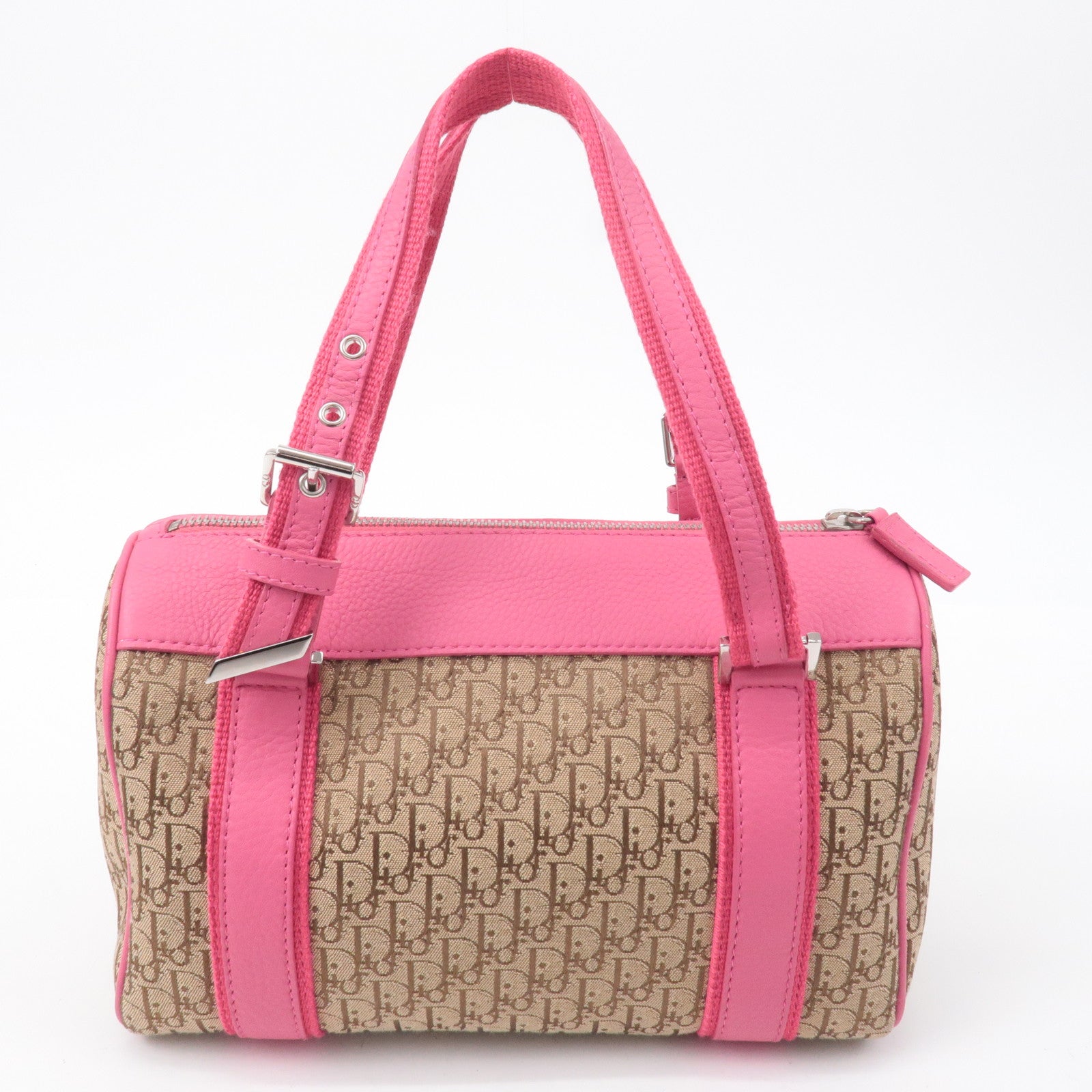 Christian Dior Trotter Canvas Leather Boston Bag Beige Pink