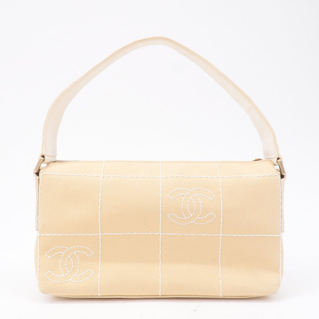 CHANEL Chocolate Bar Canvas Hand Bag Shoulder Bag Beige