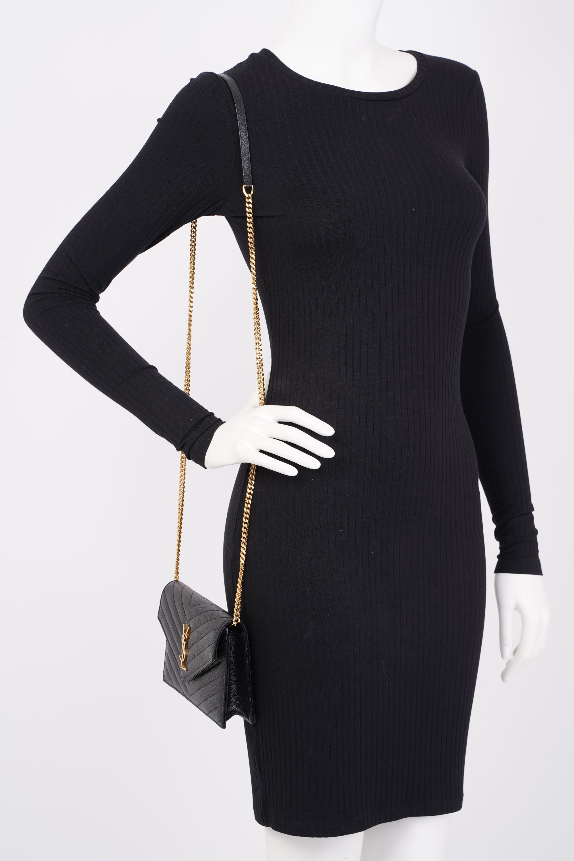 Saint Laurent Cassandre Envelope Chain Wallet Black Calfskin Leather