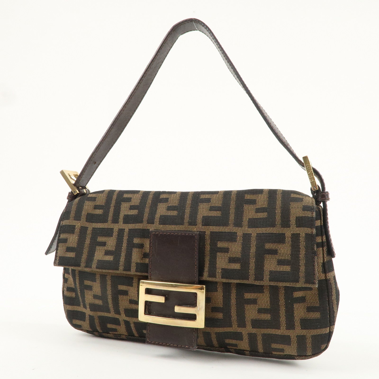 FENDI Mamma Baguette Canvas Leather Shoulder Bag Brown 26424
