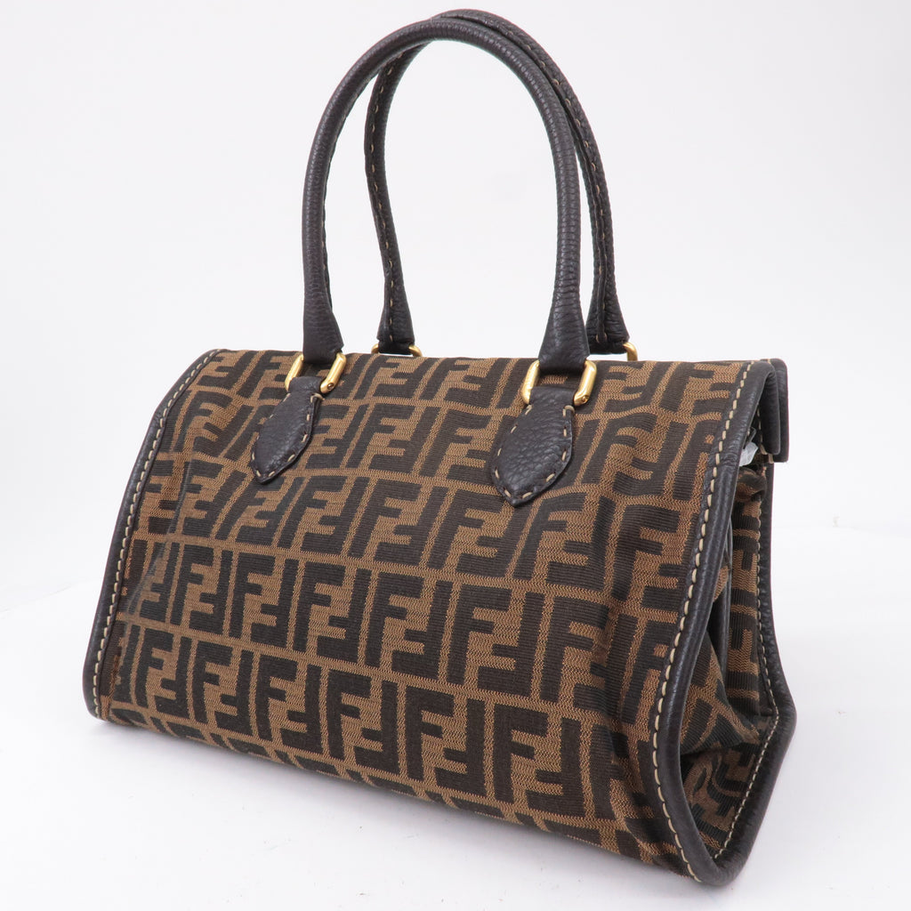 FENDI Selleria Zucca Canvas Leather Hand Bag Brown Black 8BN218