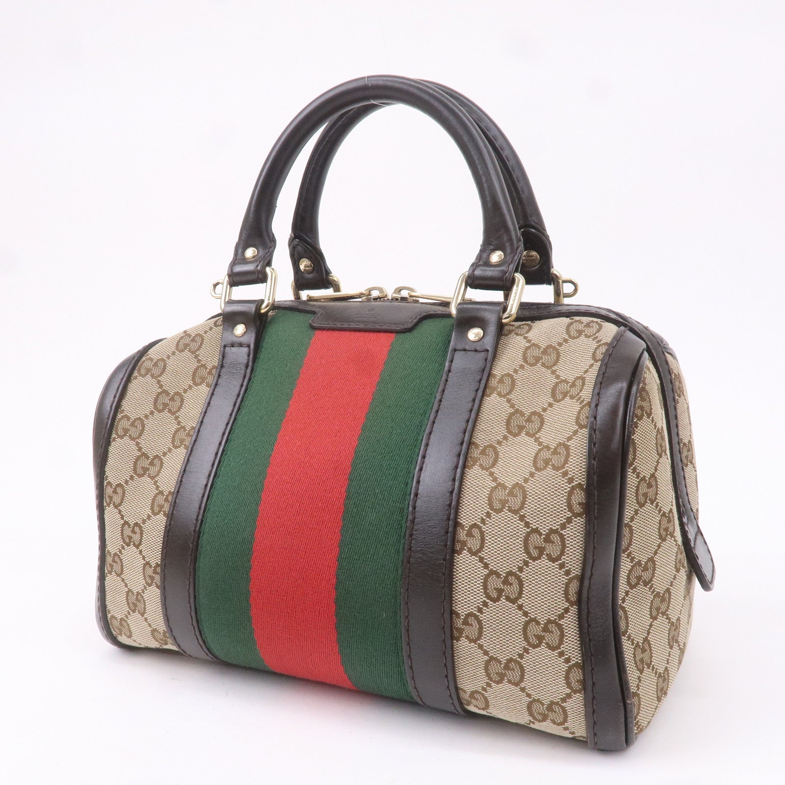 GUCCI Sherry GG Canvas Leather Boston Bag Beige Brown 269876