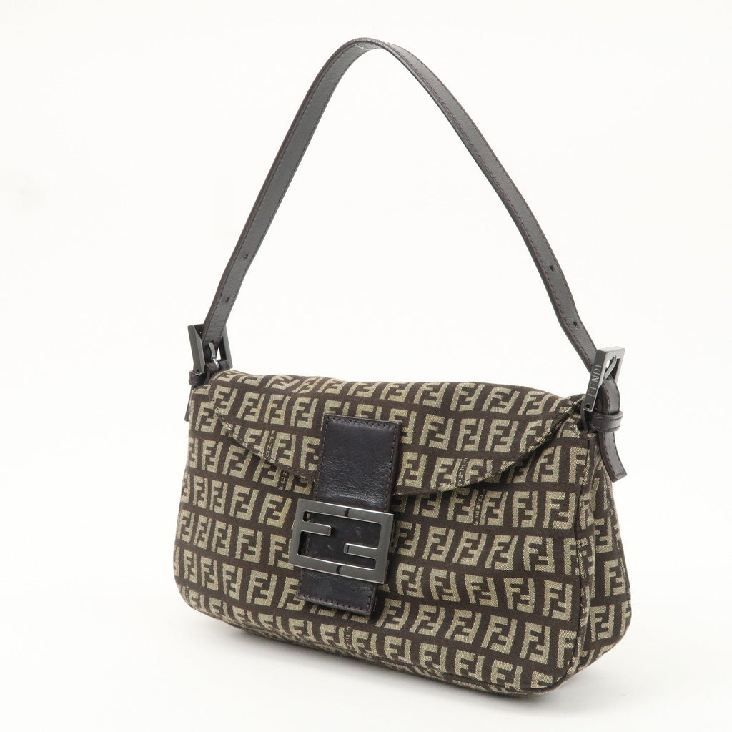 FENDI Zucchino Canvas Leather Shoulder Bag Brown Beige 8BR003
