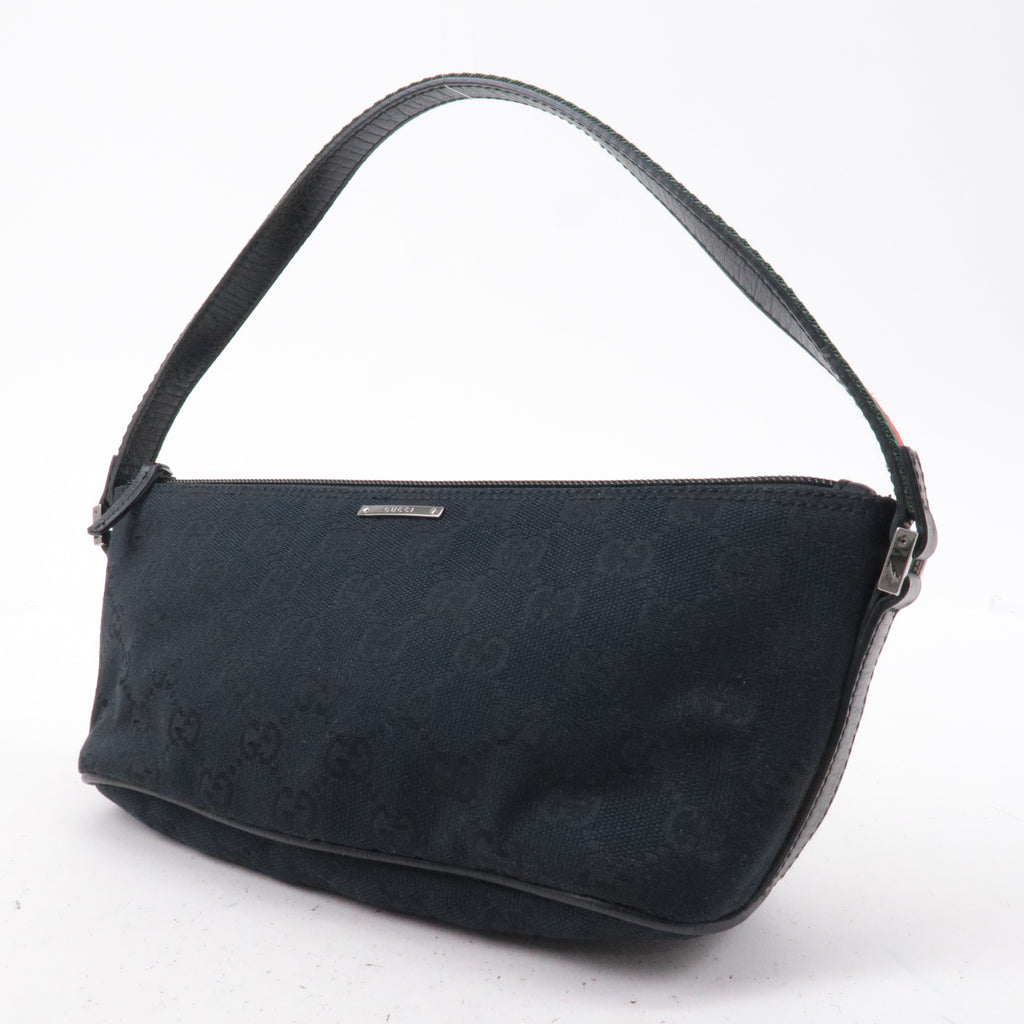 GUCCI Boat Bag Sherry GG Canvas Leather Pouch Black 141809