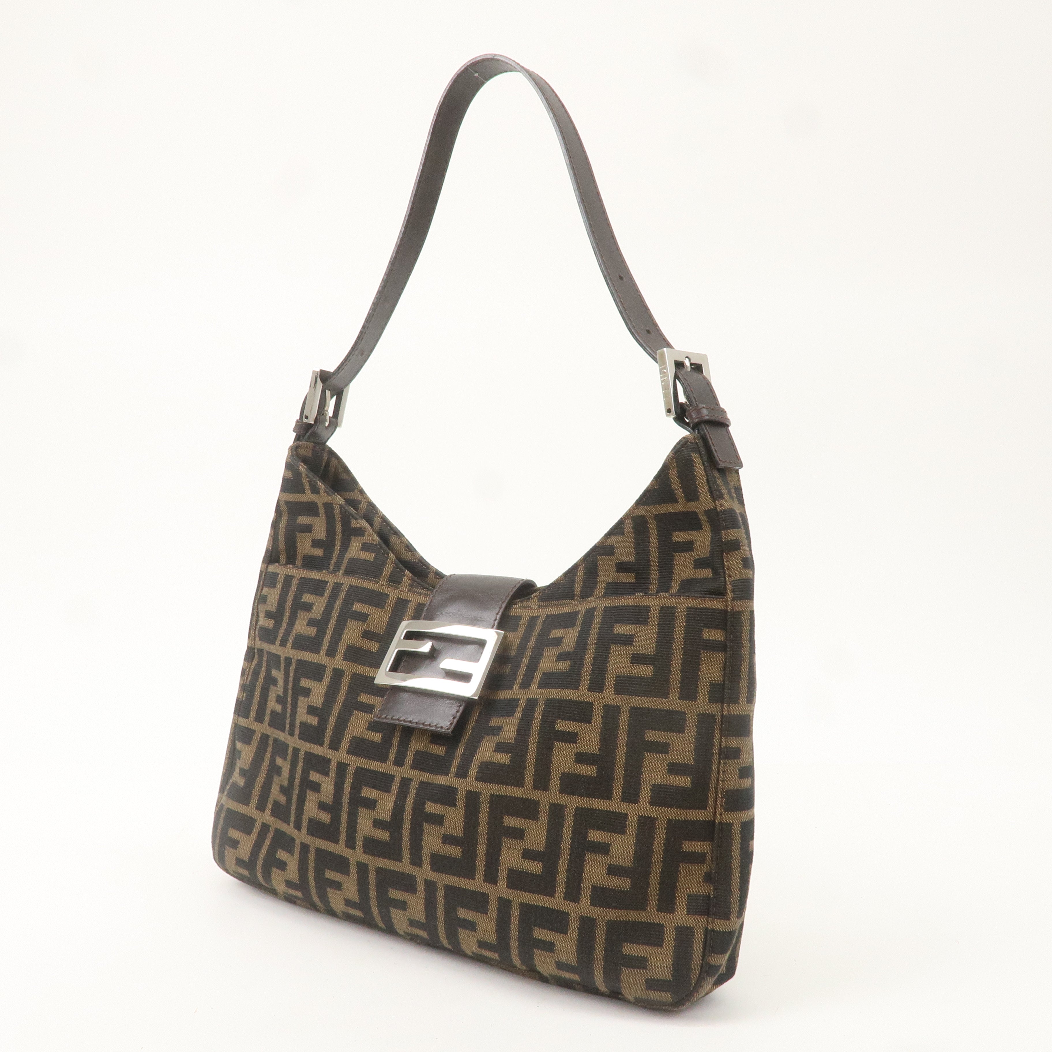 FENDI Zucca Canvas Leather Shoulder Bag Brown Black 26569