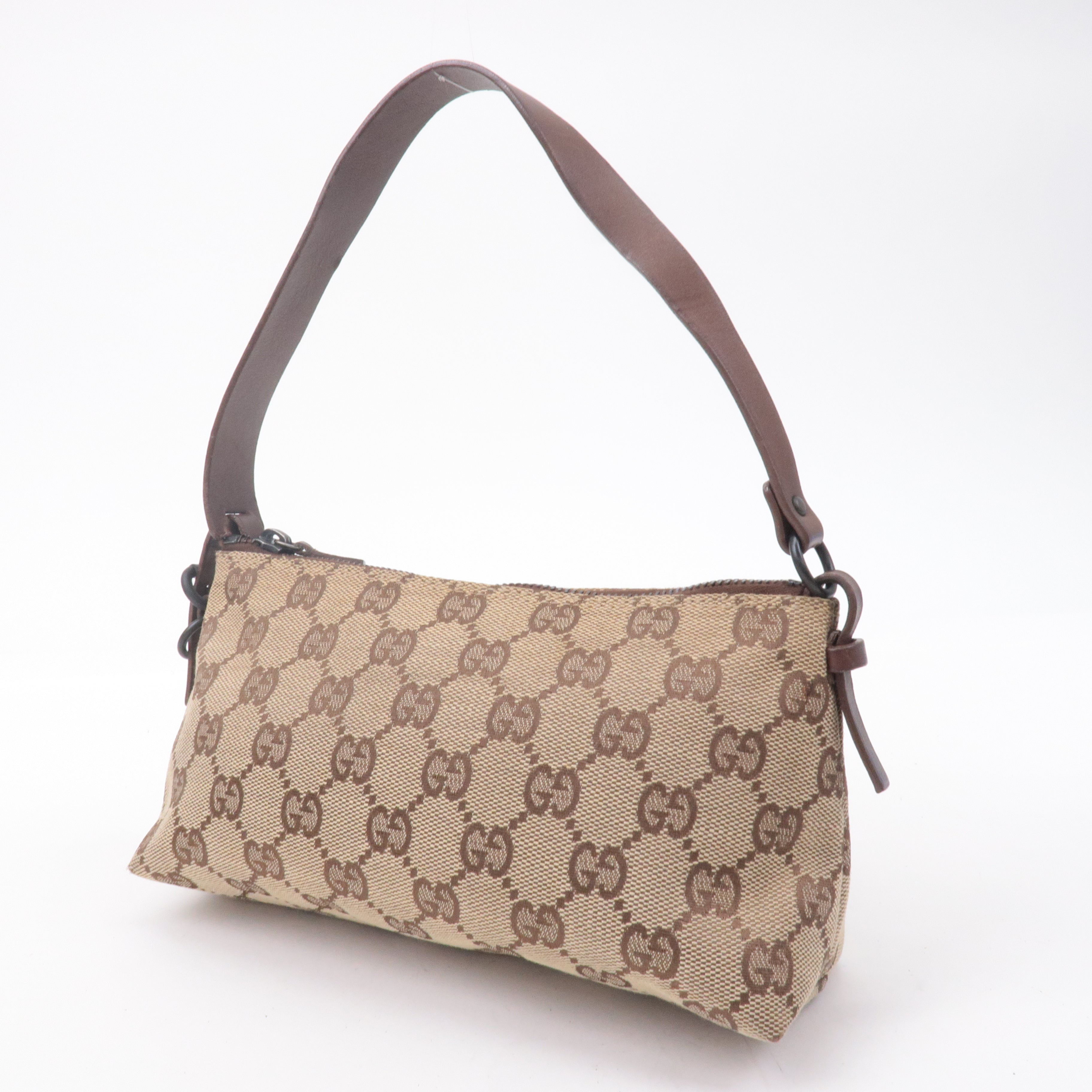 GUCCI GG Canvas Leather Hand Bag Pouch Beige Brown 103399