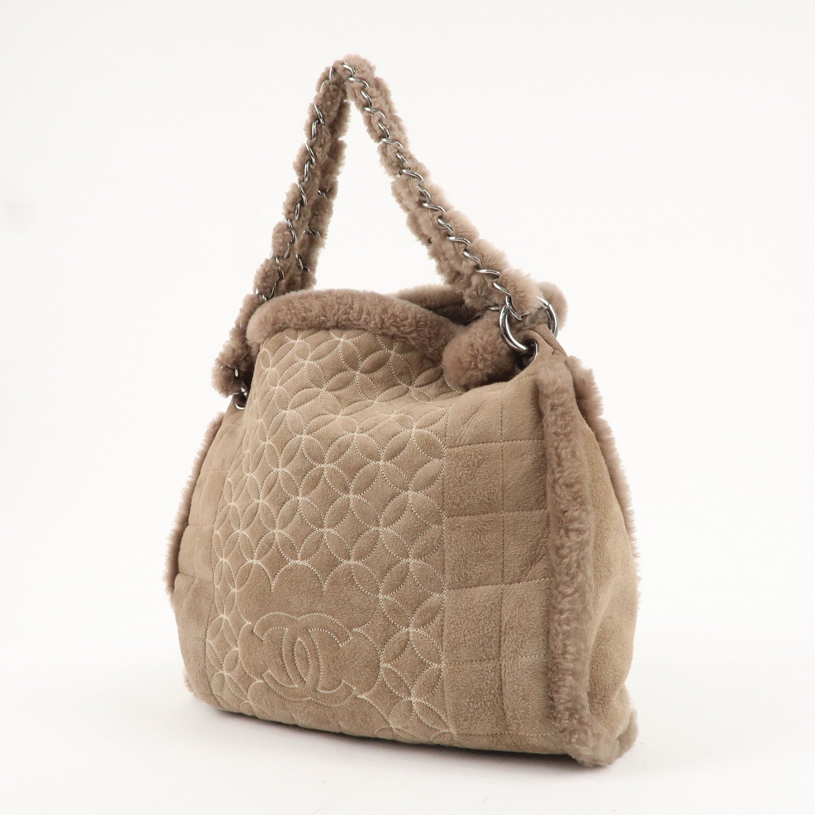 CHANEL Nubuck Fur Leather Shoulder Bag Hand Bag Beige
