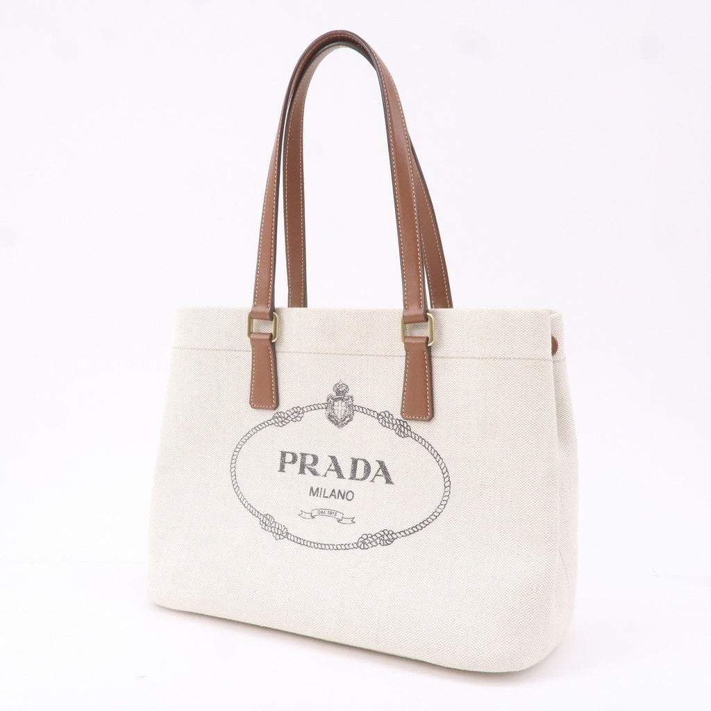 Prada Logo Canvas Linen Leather Tote Bag Ivory Brown IBG356